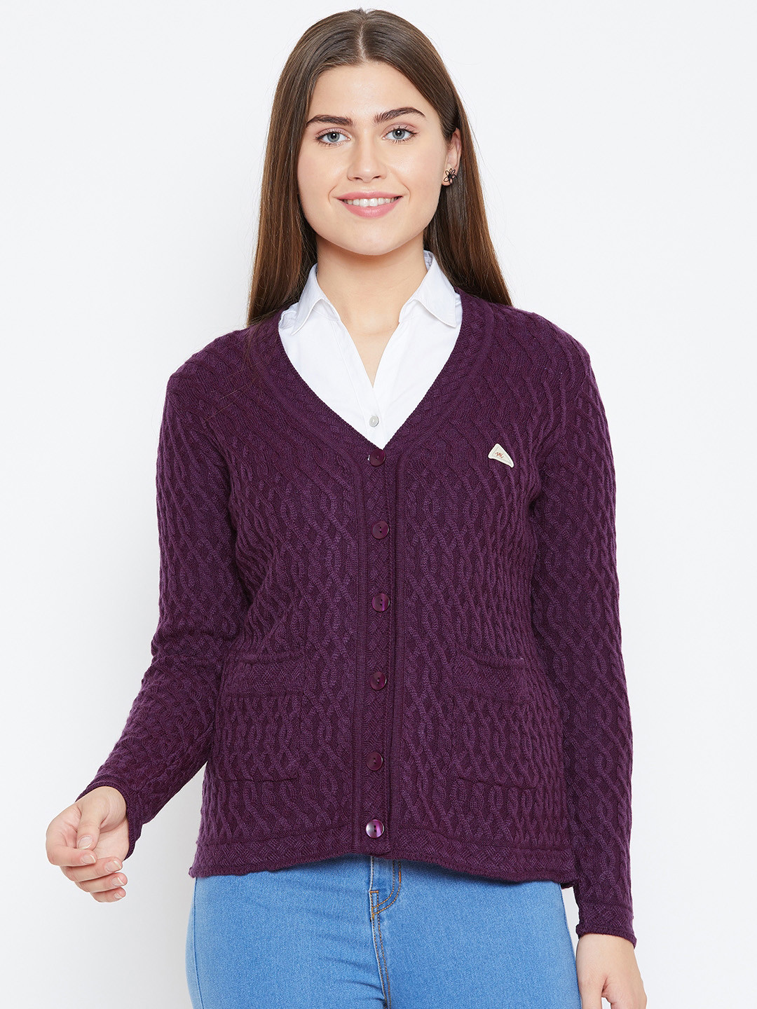 Buy Monte Carlo Women Aubergine Self Design Cardigan Sweaters for