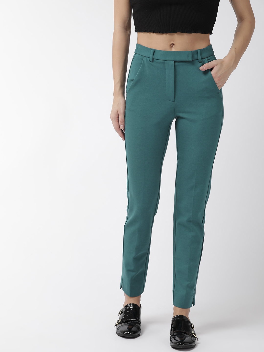 Buy Marks & Spencer Women Green Regular Fit Solid Trousers - Trousers ...