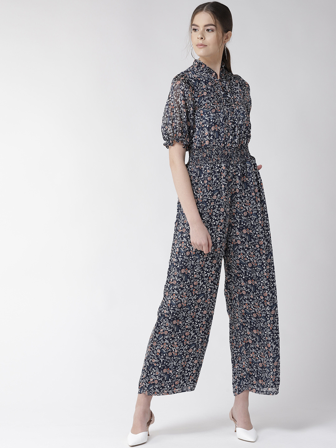 Buy Marks & Spencer Women Navy Blue & Off White Printed Basic Jumpsuit