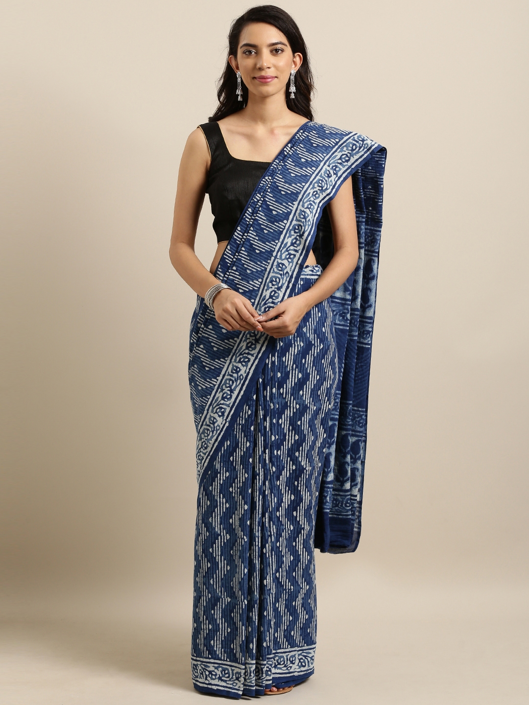 blue and off white saree