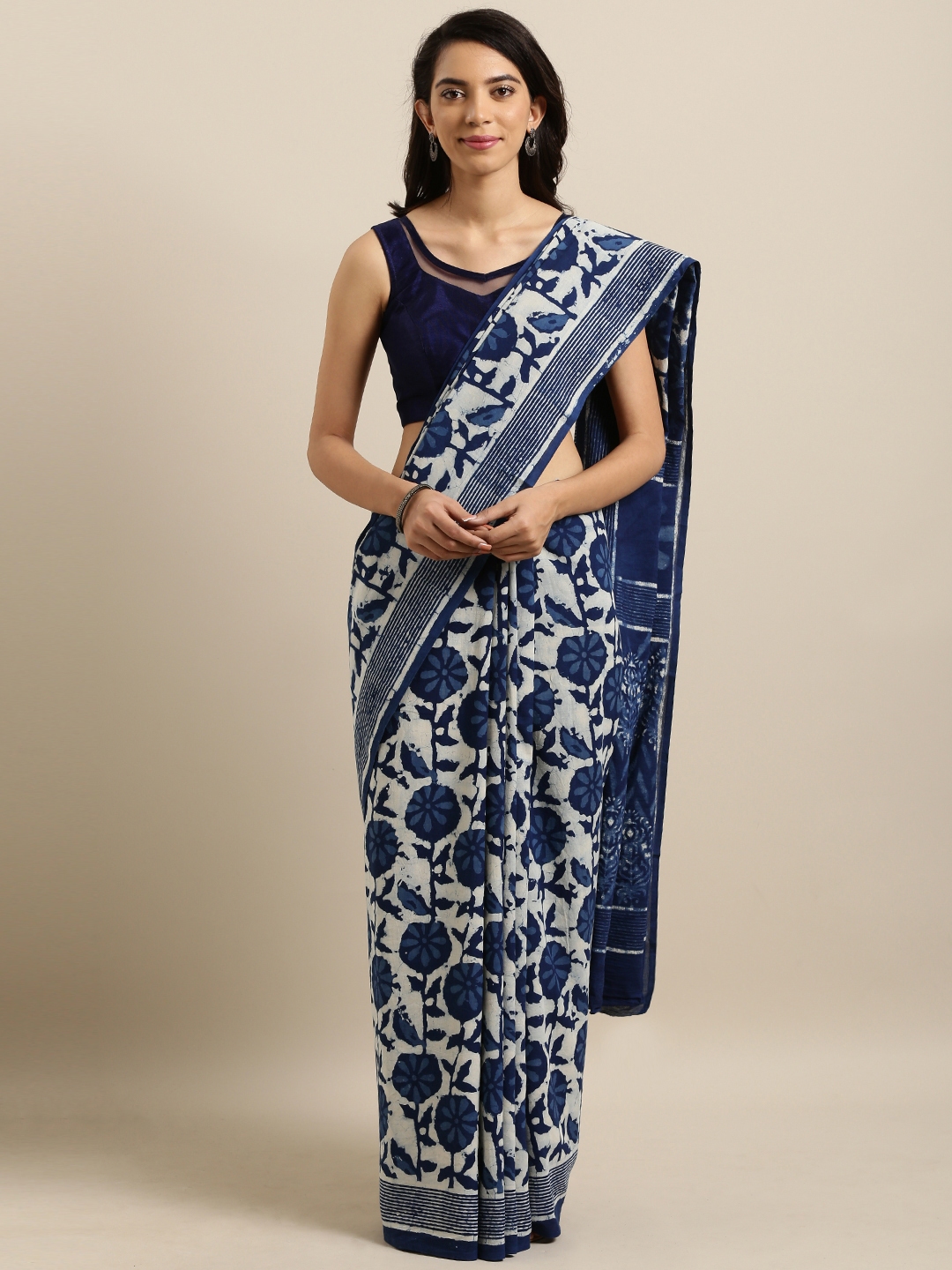 blue and off white saree