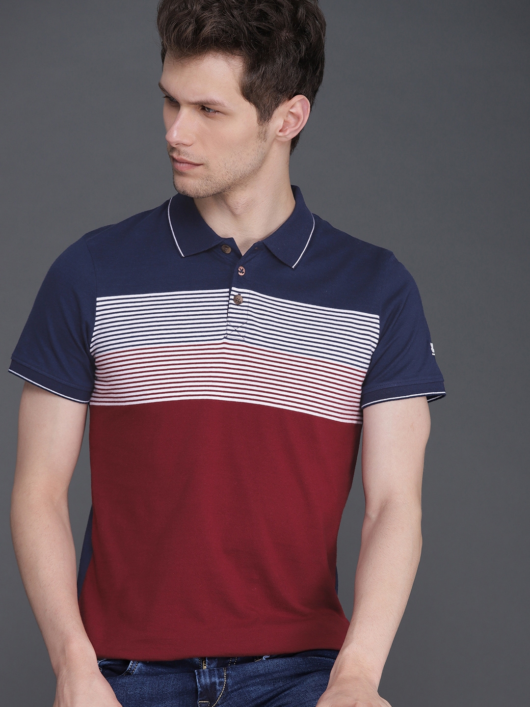 Buy WROGN Men Maroon Navy Blue Striped Slim Fit Polo Collar Pure Cotton ...