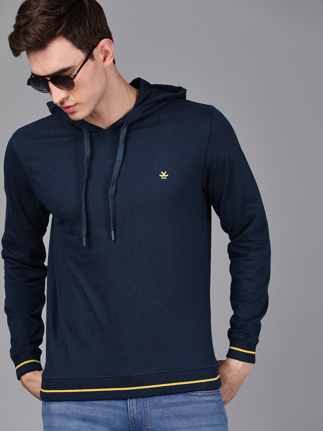 Buy WROGN Men Navy Blue Solid Slim Fit Hooded Sweatshirt Sweatshirts