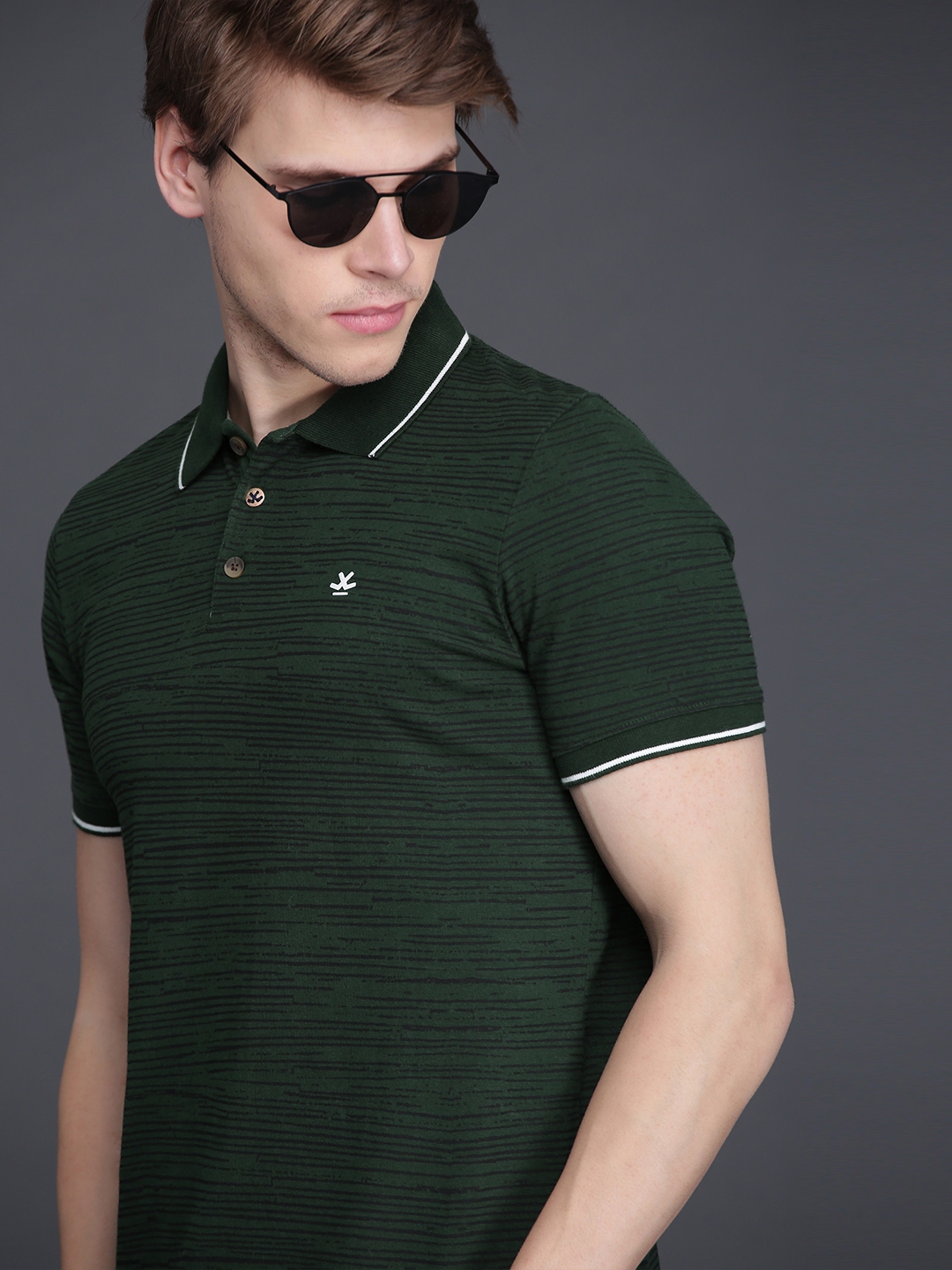 Buy WROGN Men Green Black Striped Polo Collar Slim Fit Pure Cotton T ...
