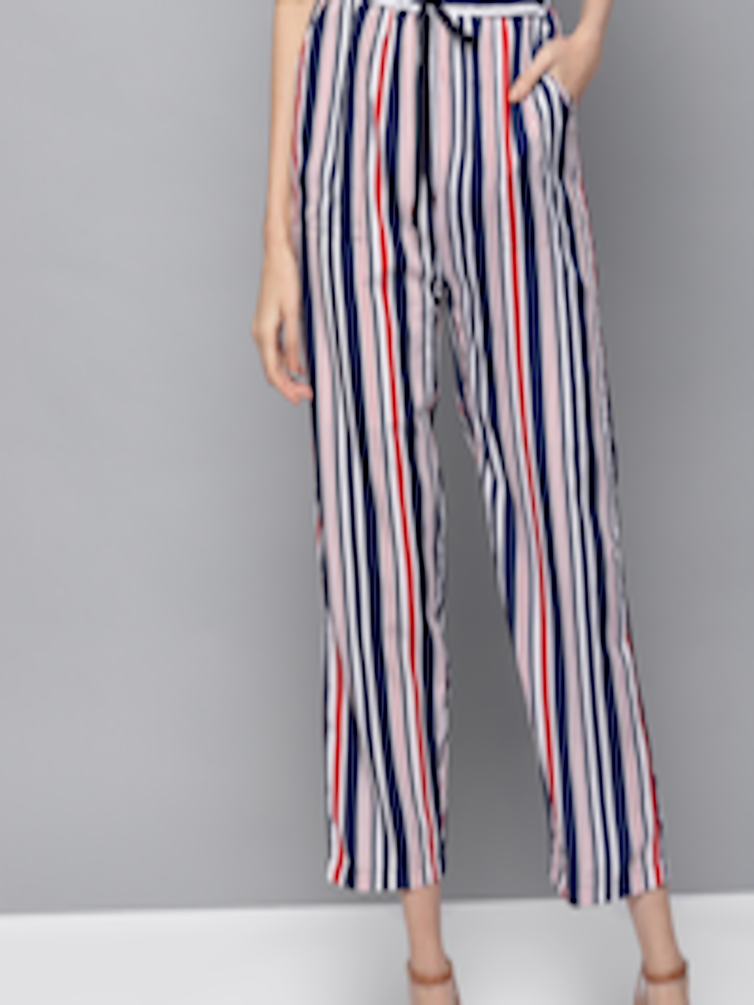 Buy Trend Arrest Women Navy Blue & Red Loose Fit Striped Regular ...