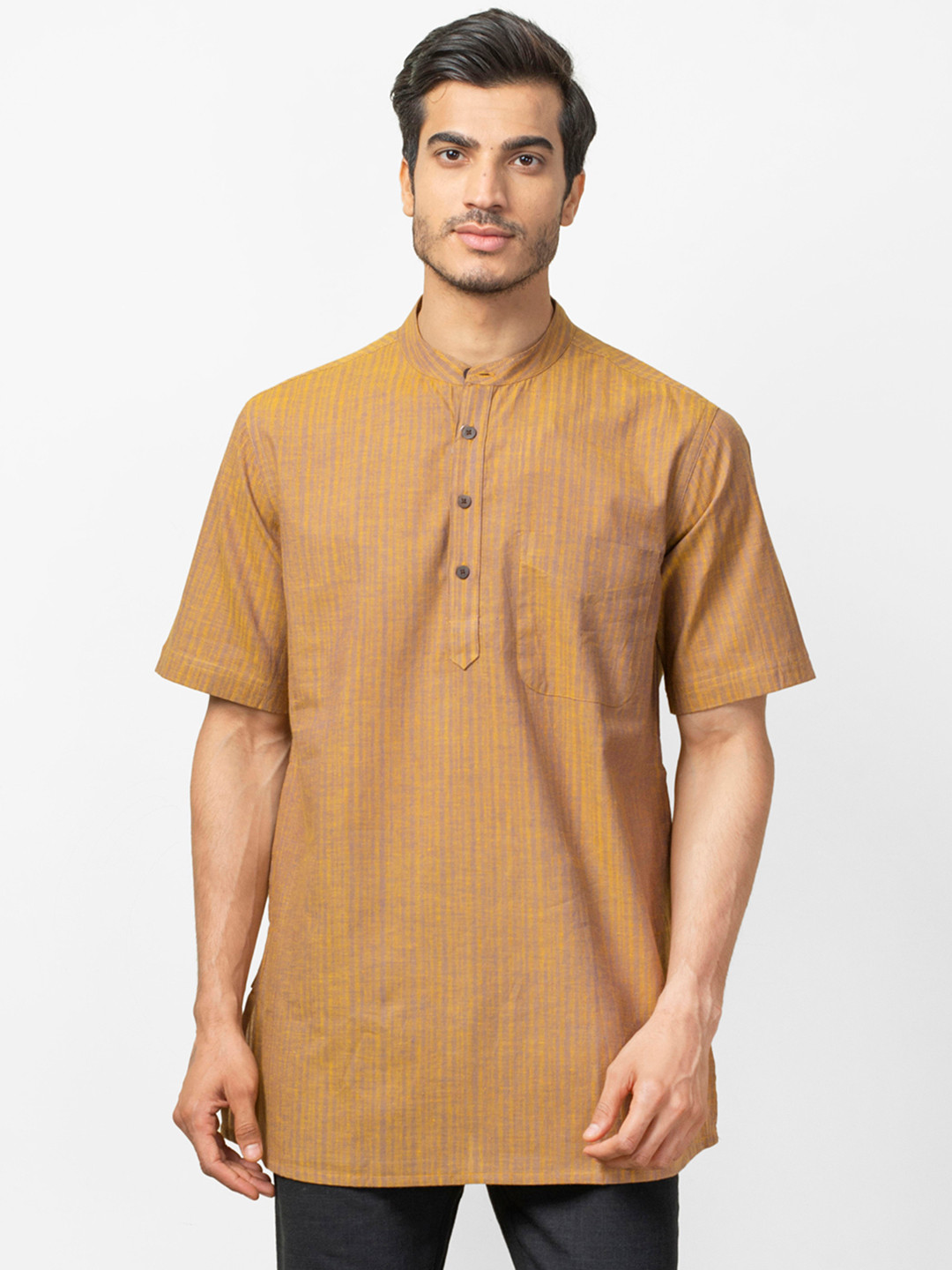 Buy Fabindia Men Brown & Mustard Yellow Self Striped Straight Kurta