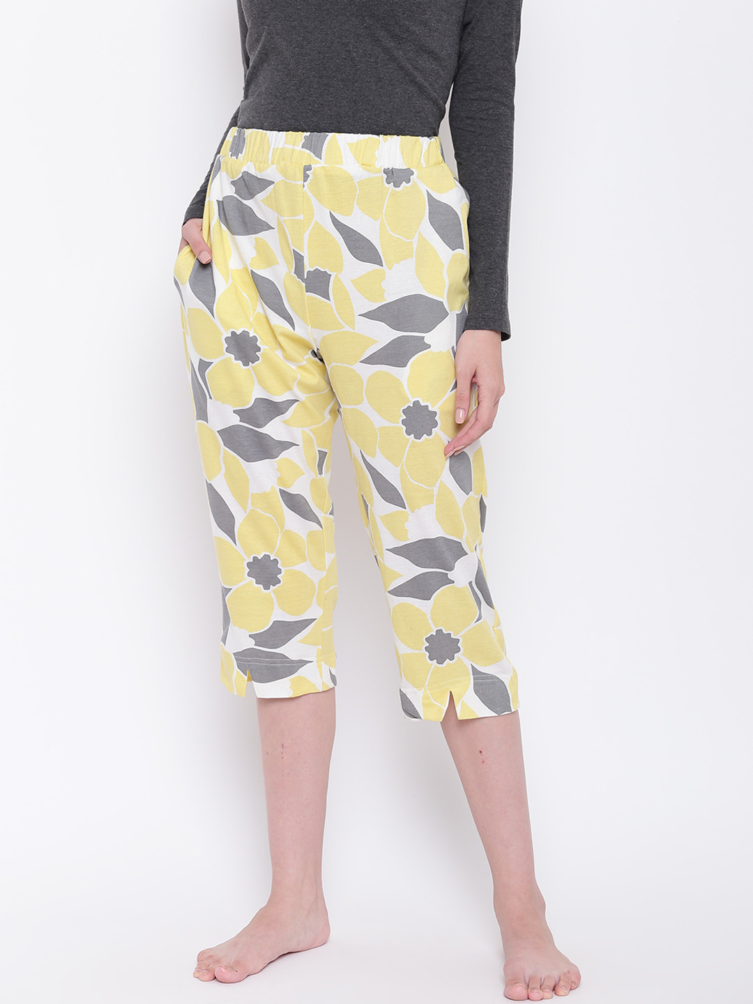 Buy 9teenAGAIN Women Yellow & Grey Printed Regular Fit Lounge Capris