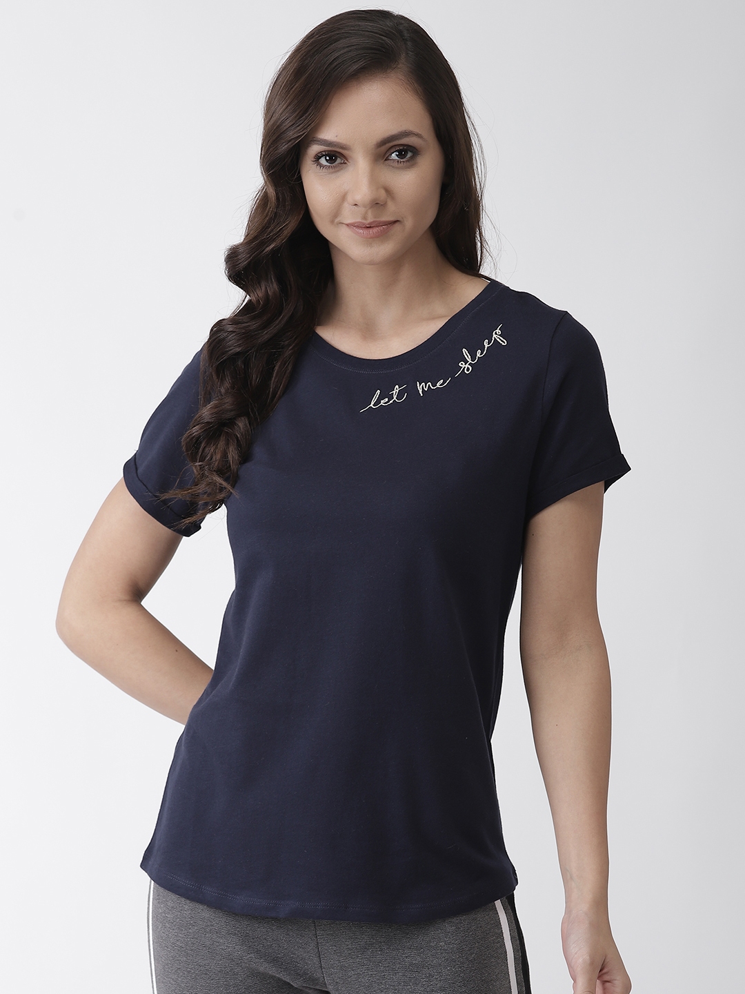 Buy Marks & Spencer Women Navy Blue Embroidered Detail Round Neck T ...