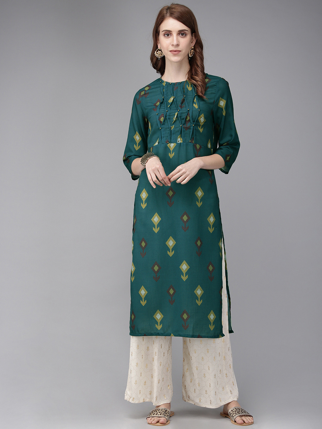 Women Teal Blue, Mustard Yellow Kurta Set main image 1