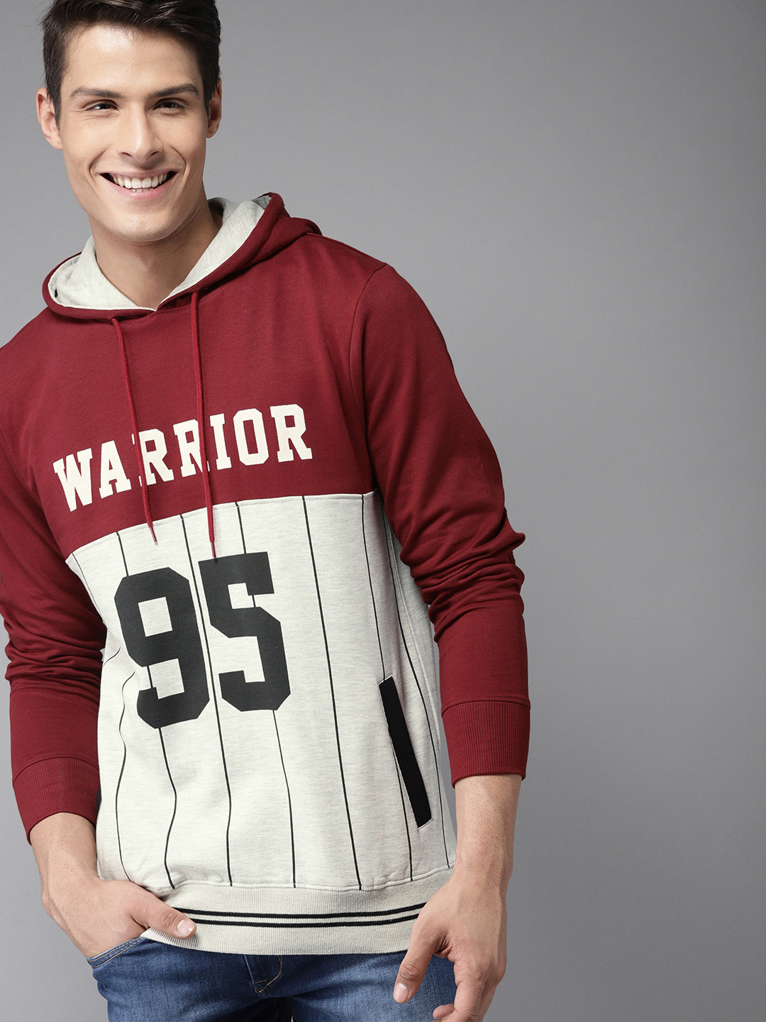 Buy HERE&NOW Men Maroon & Grey Melange Printed Hooded Sweatshirt - Sweatshirts for Men 10419892 