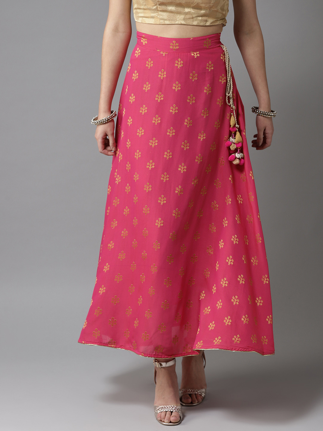 Buy Moda Rapido Women Pink & Golden Self Design Flared Maxi Skirt