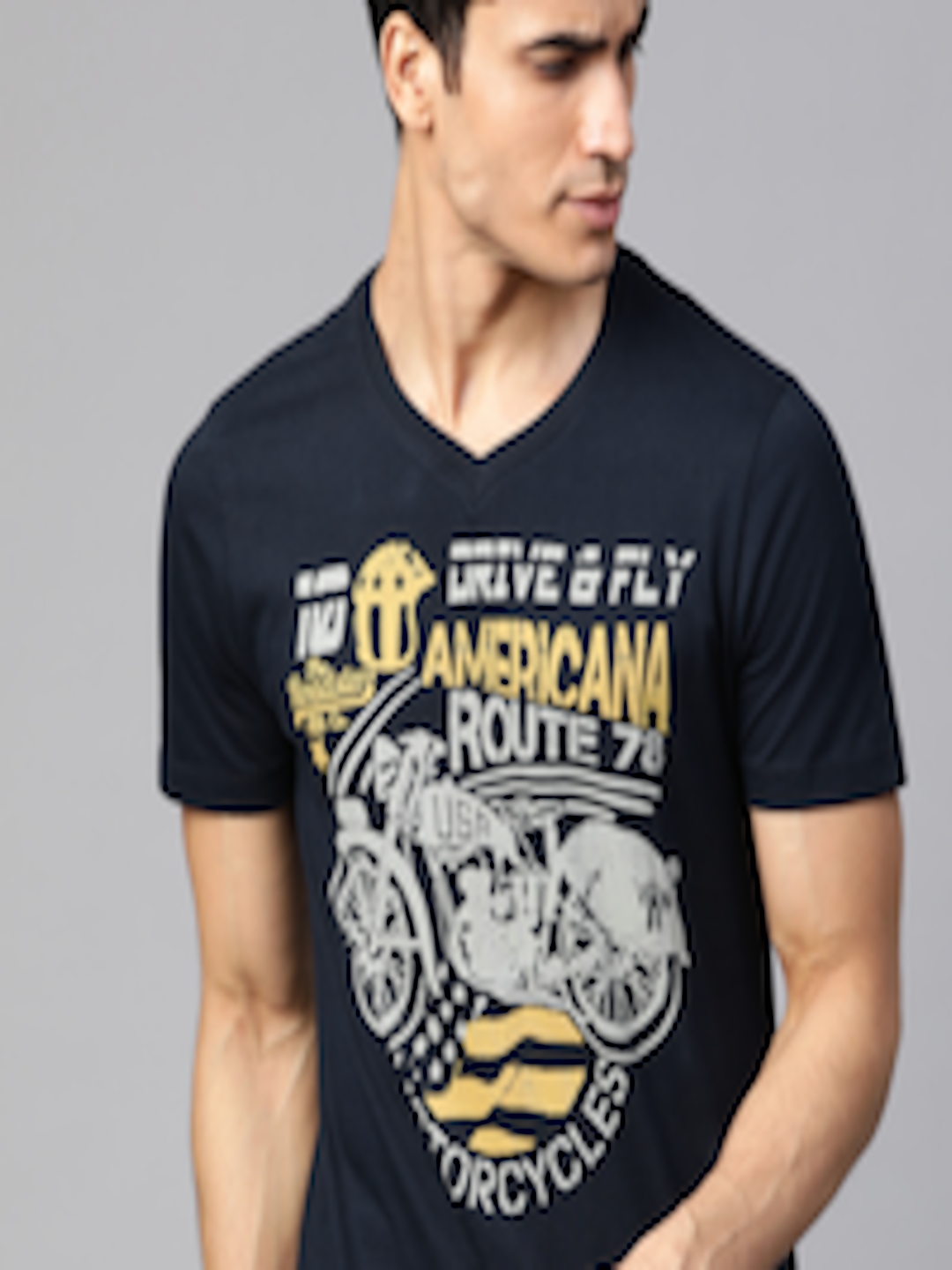 Buy Roadster Men Navy Blue & Yellow Printed Round Neck T Shirt ...