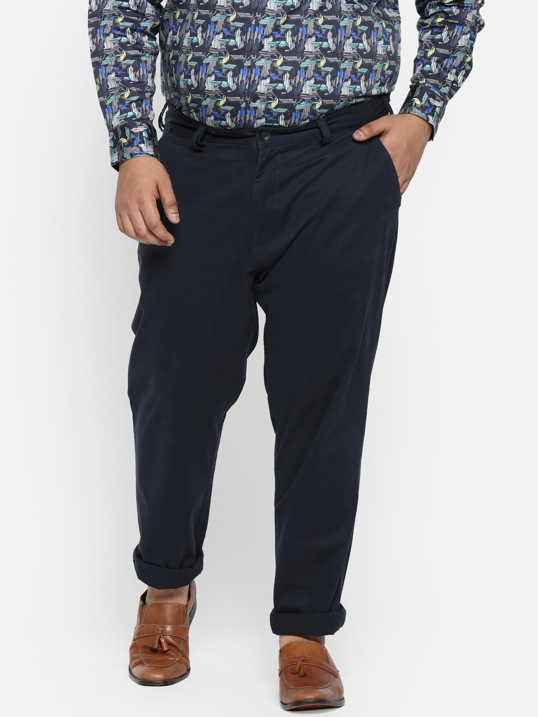 Buy ALL Plus Size Men Navy Blue Regular Fit Solid Chinos - Trousers for ...