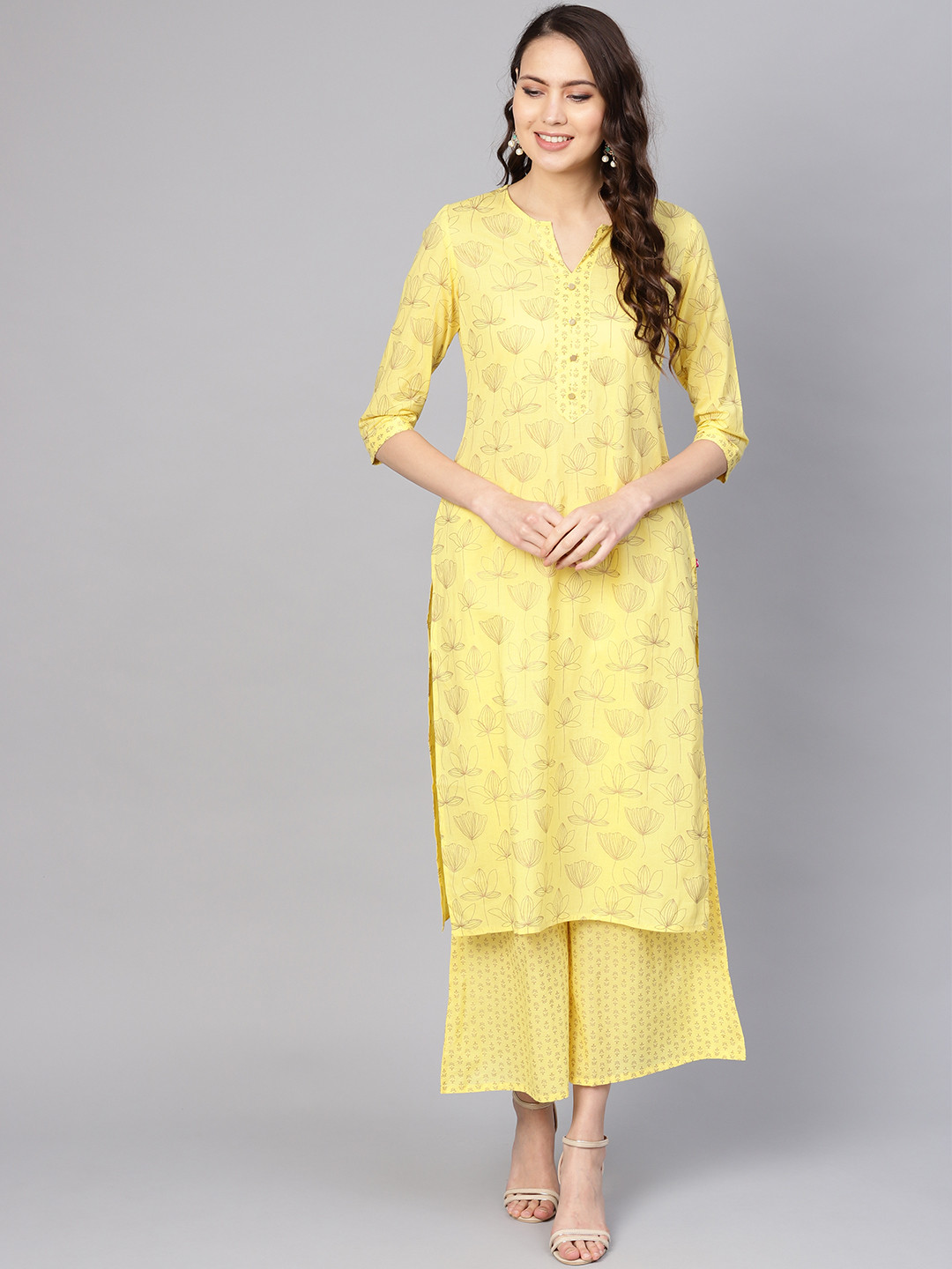 Buy Varanga Women Yellow & Golden Printed Kurta With Palazzos Kurta