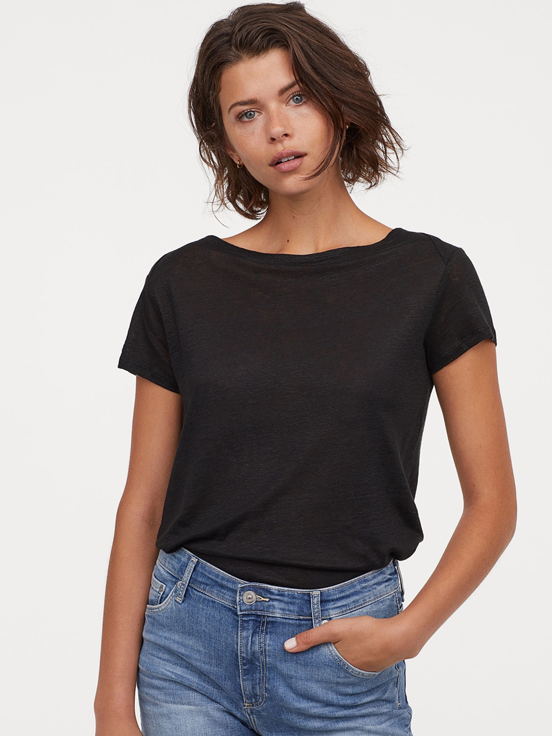 Buy H&M Women Black Solid Linen T Shirt Tshirts for Women 10431954 Myntra