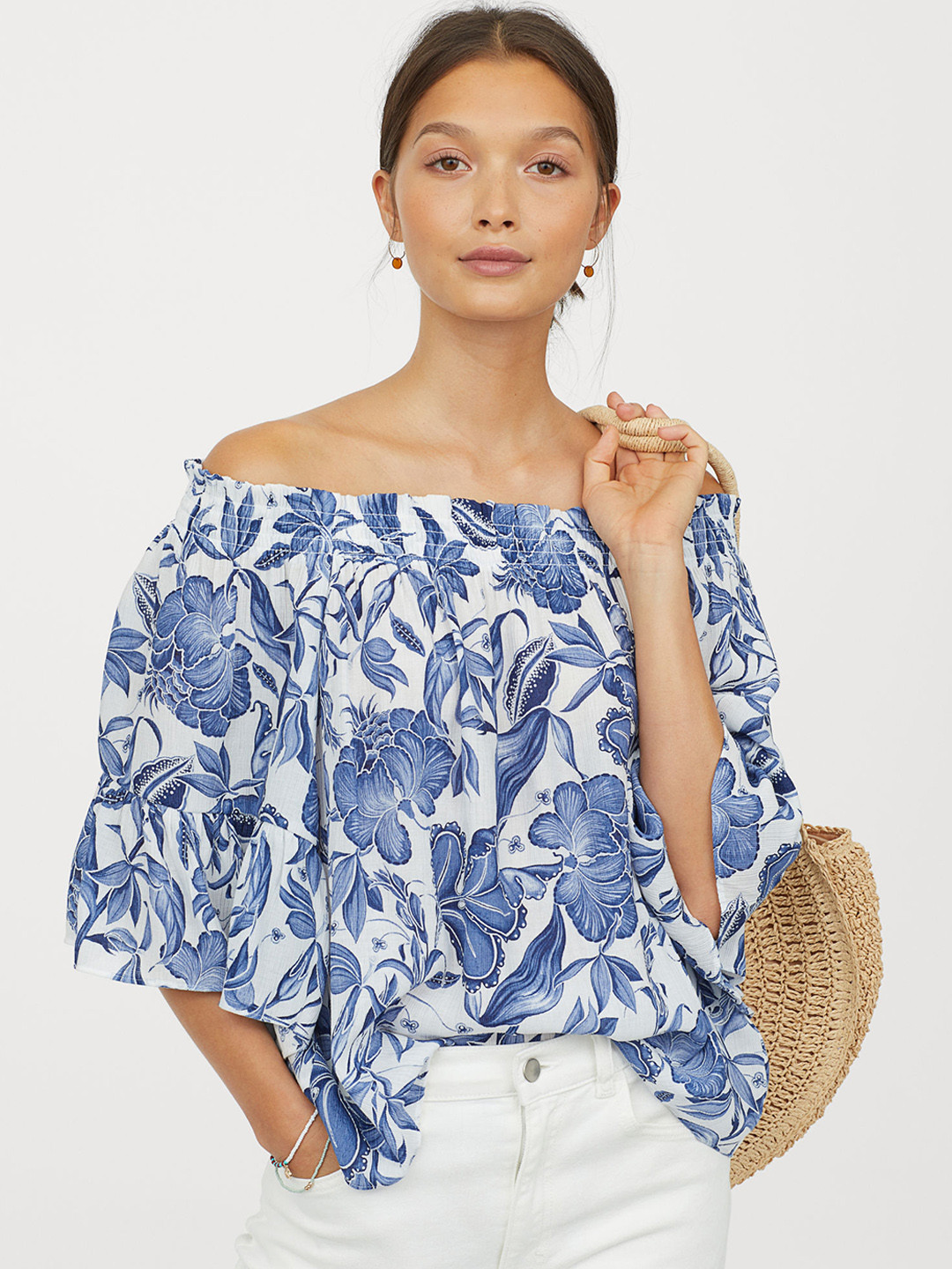 Buy H&M Women Blue Printed Off The Shoulder Blouse Tops for Women