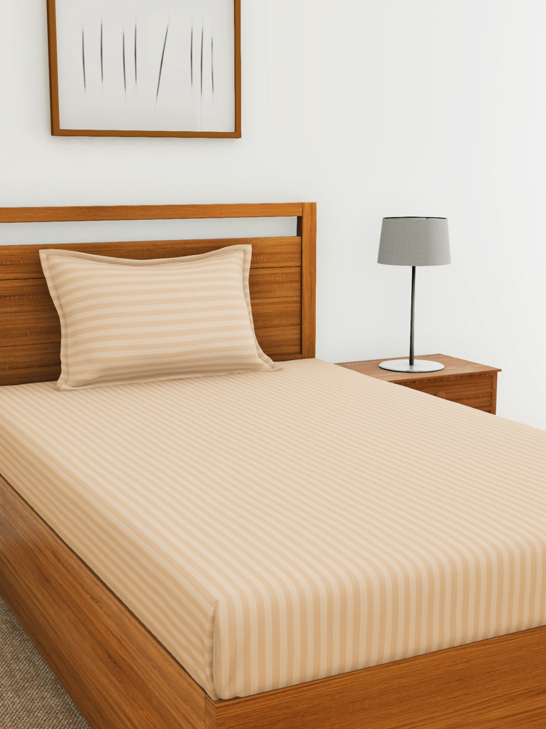 Buy BIANCA Beige Self Striped 210 TC Cotton 1 Single Bedsheet With 1