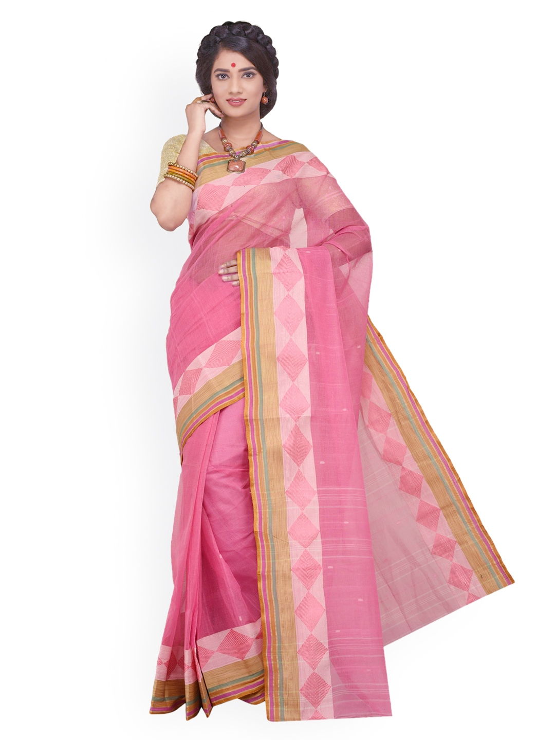 Buy Sangam Kolkata Pink Cotton Handloom Traditional Saree Sarees for