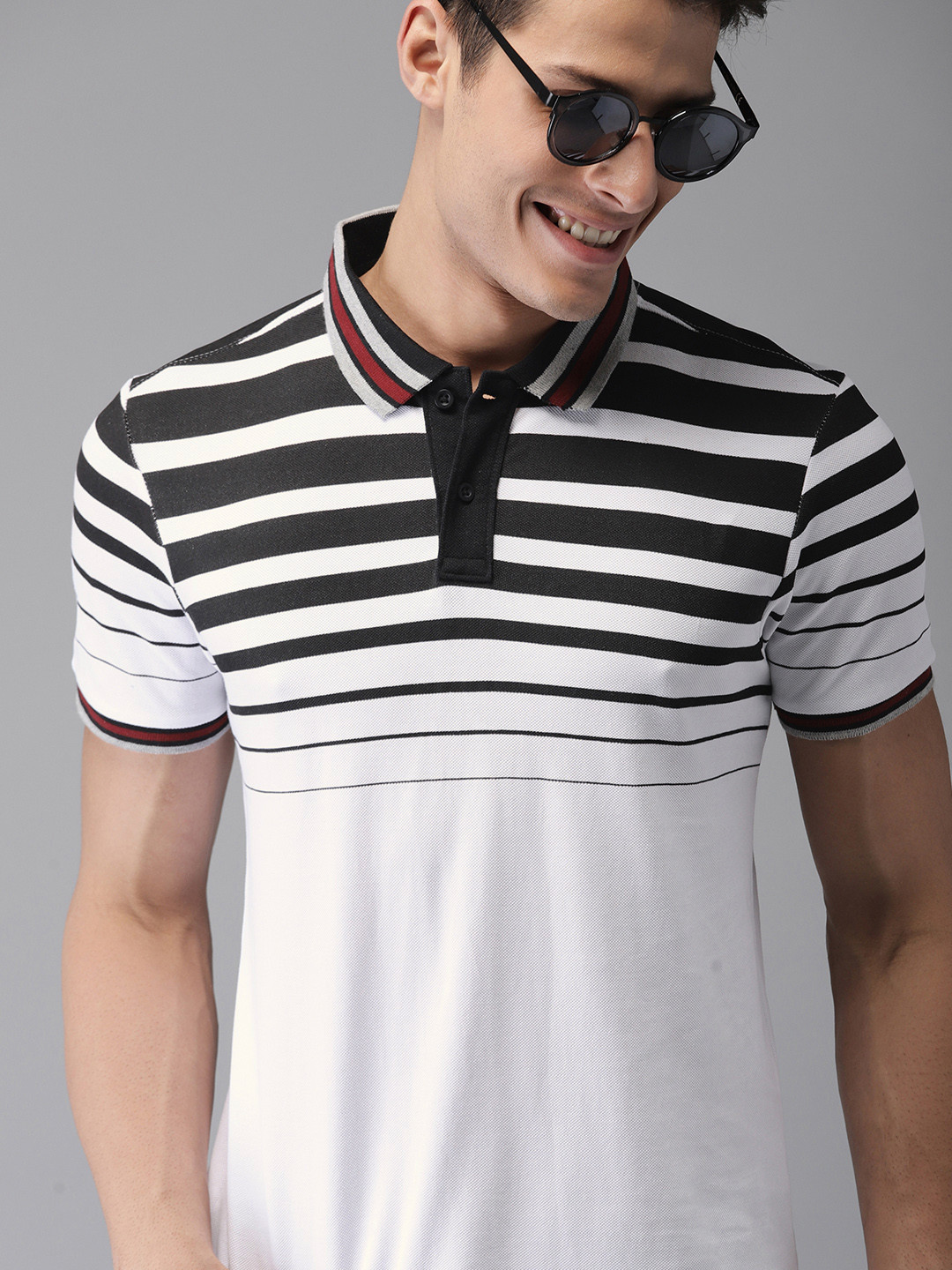 Buy Moda Rapido Men White Black Striped Polo Collar Pure Cotton T Shirt