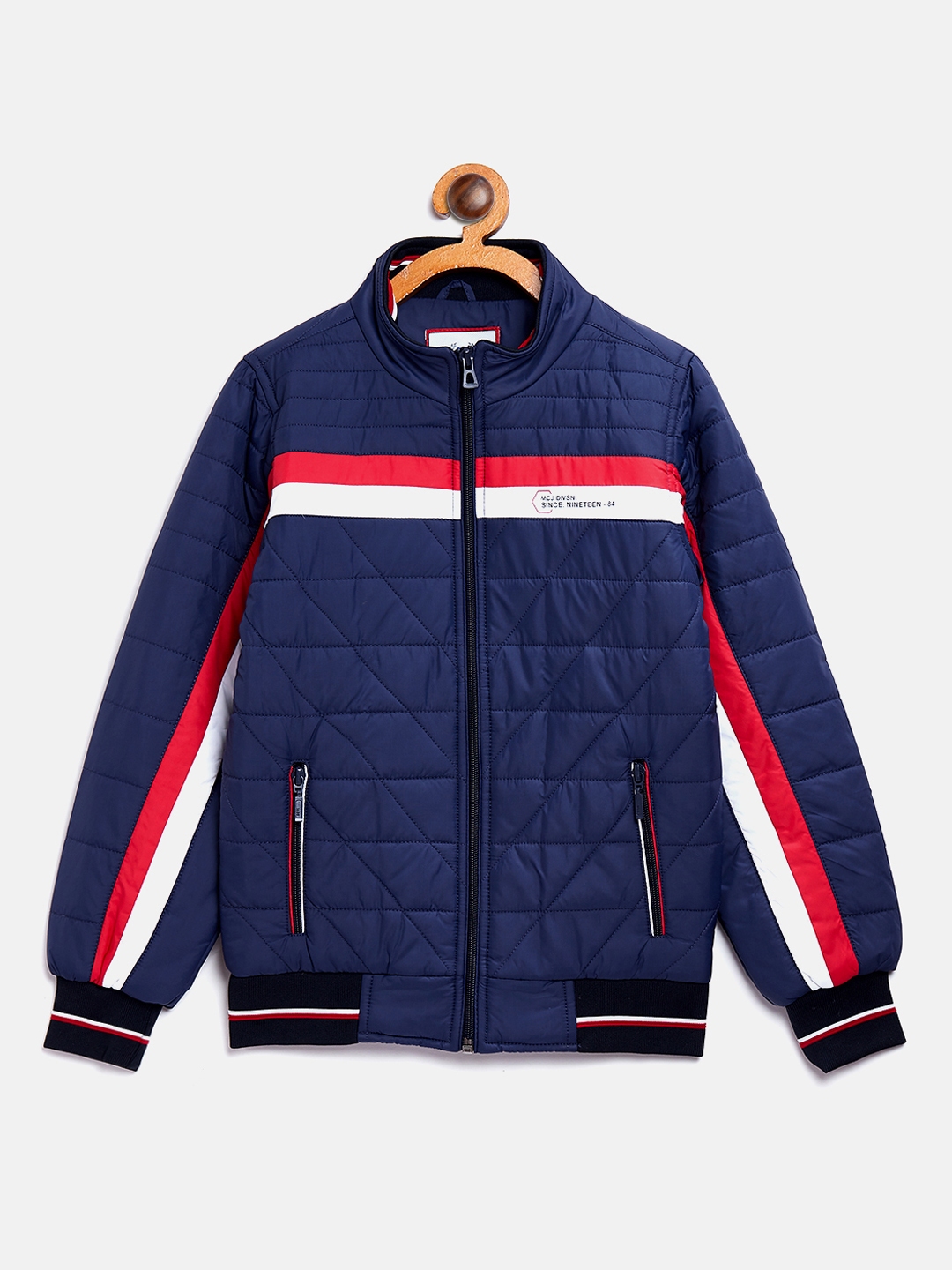 Buy Monte Carlo Boys Navy Blue Solid Bomber Jacket With Striped Detail ...