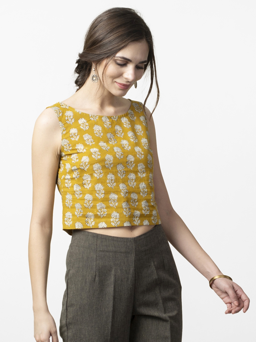 Buy Fabindia Women Mustard Yellow And Off White Handblock Print Crop Pure Cotton Top Tops For