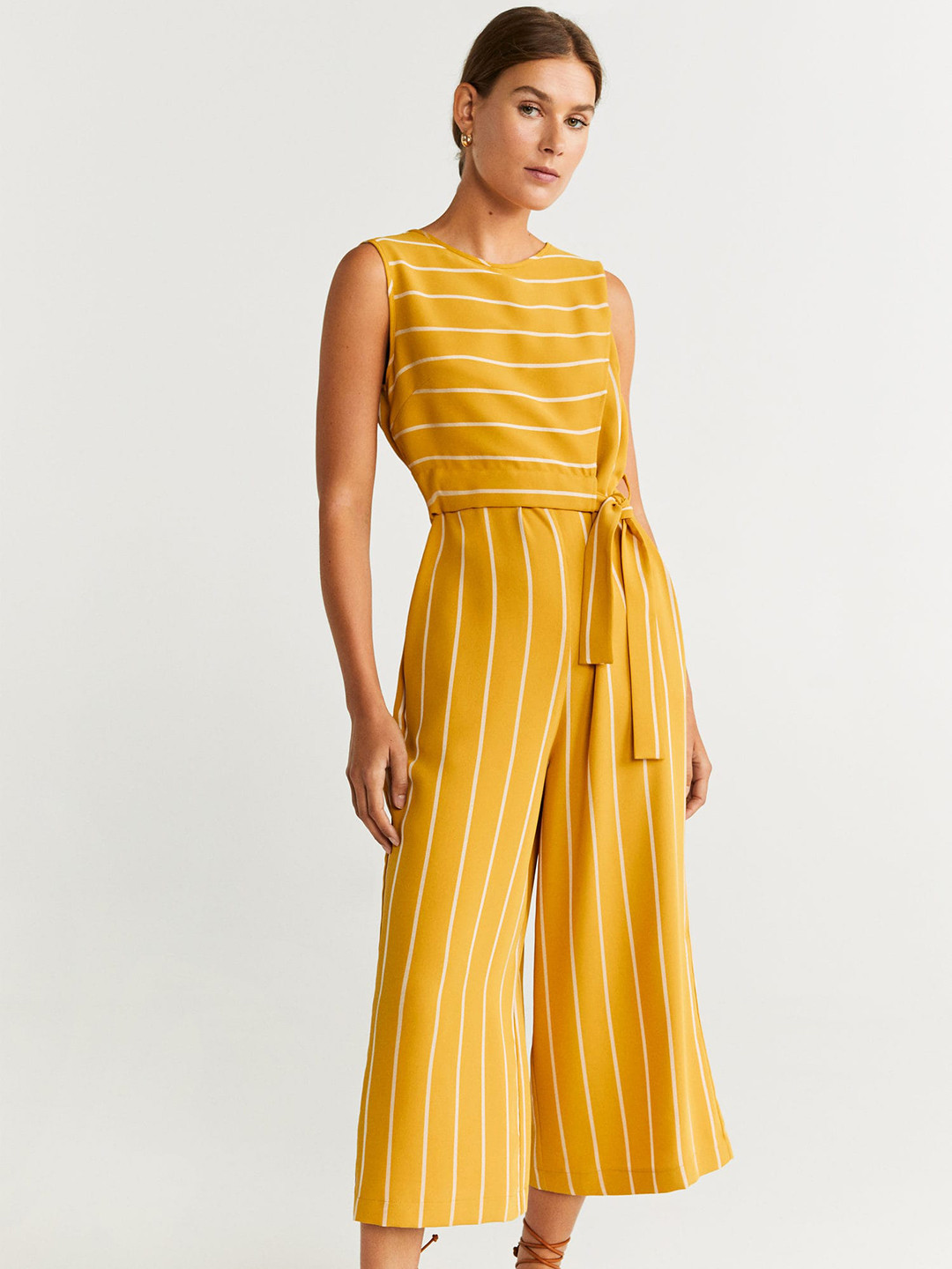 Buy MANGO Women Mustard Yellow & White Striped Layered Culotte Jumpsuit