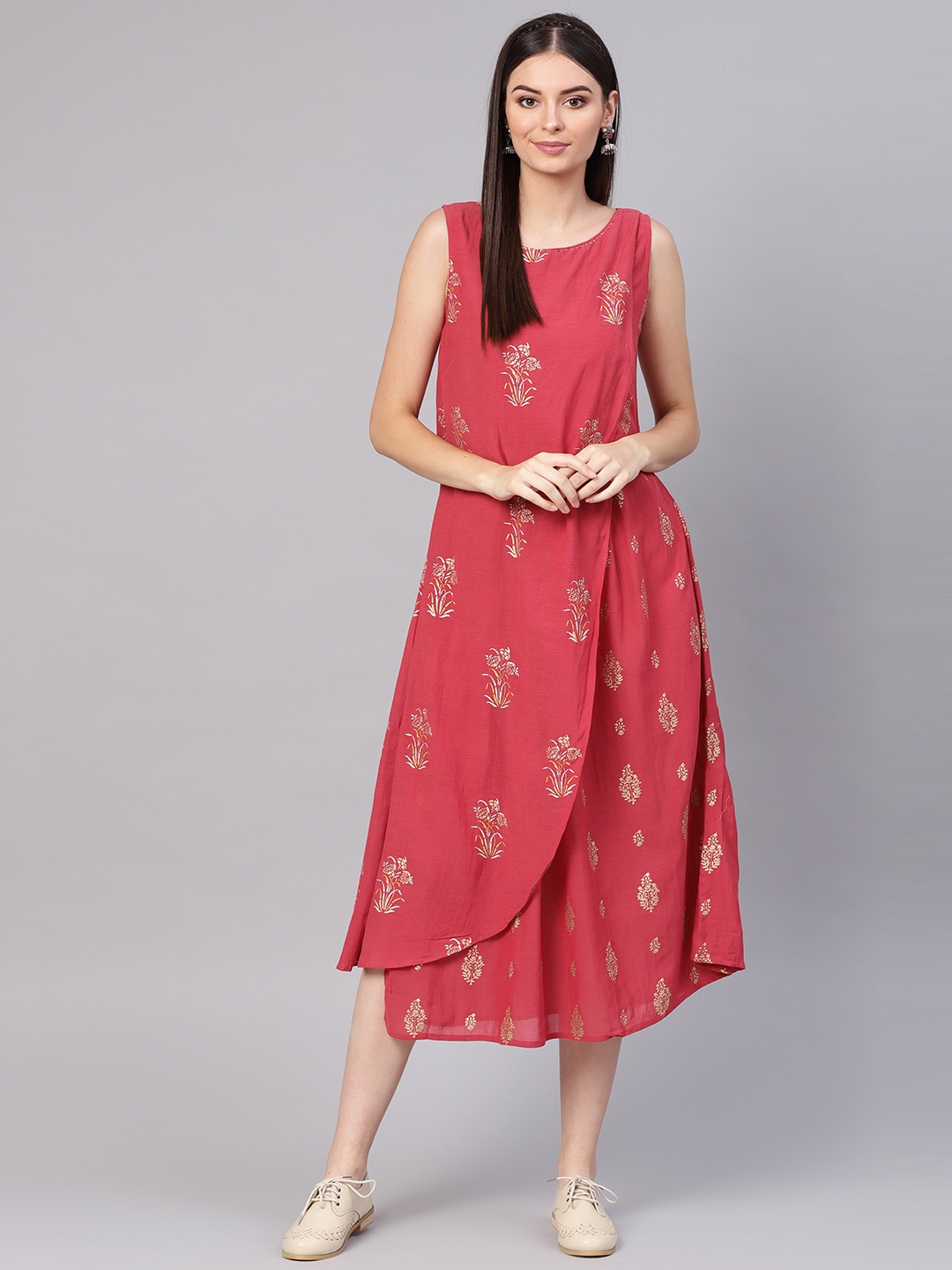 Buy Biba Women Coral Pink & Golden Floral Printed Wrap Dress - Ethnic ...