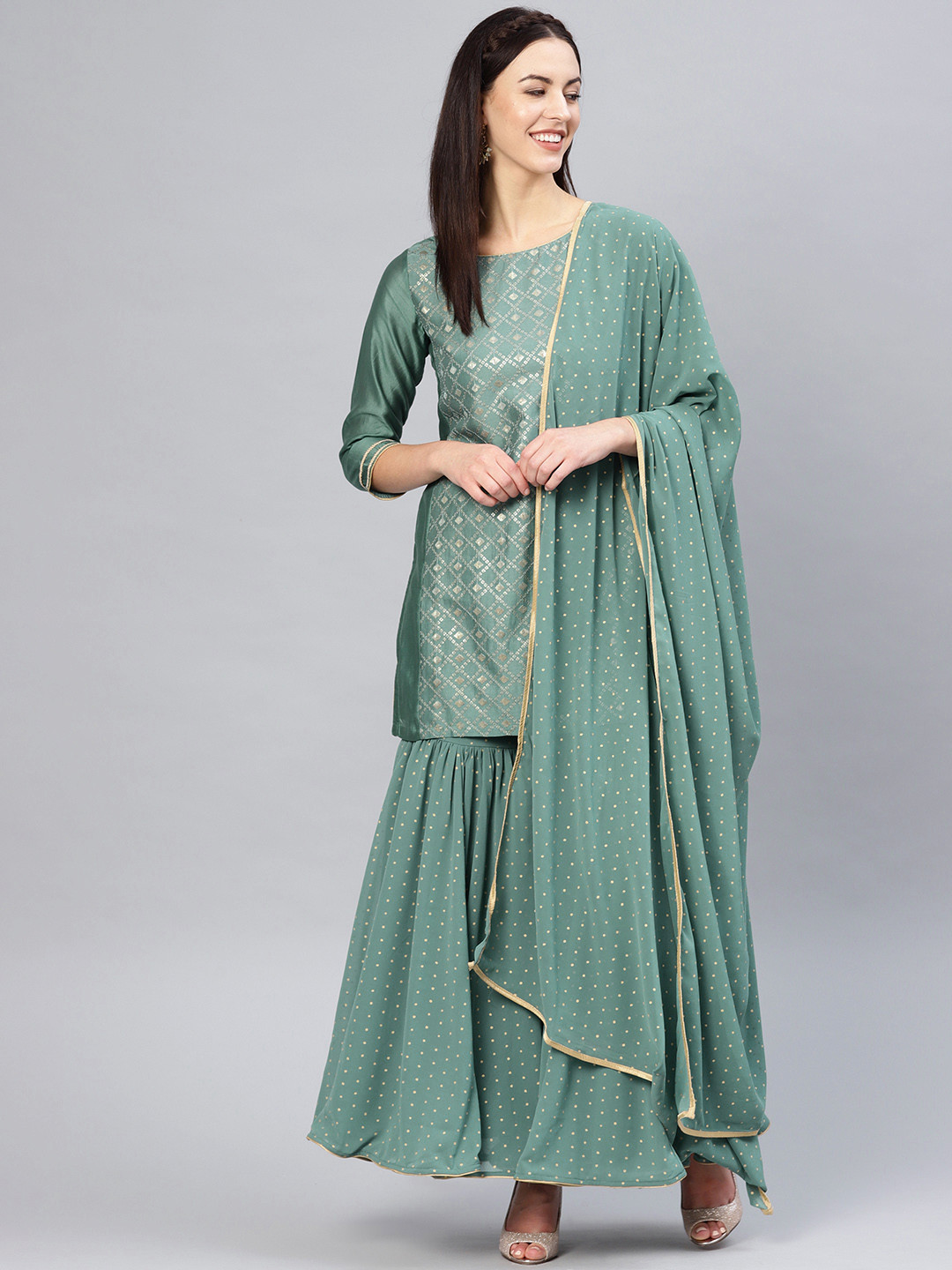 Buy Biba Women Green & Golden Sequinned Kurta With Sharara & Dupatta - Kurta Sets for Women 