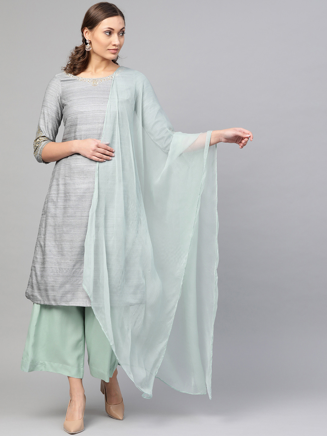 Buy Biba Women Grey & Green Solid Sequined Kurta & Palazzos With