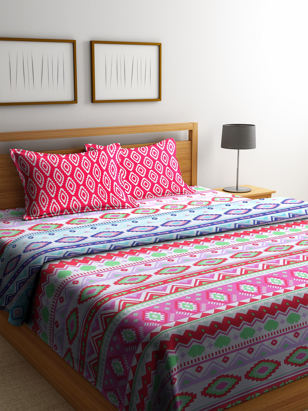 Buy CORE Designed White & Pink Geometric Print Bedding Set With