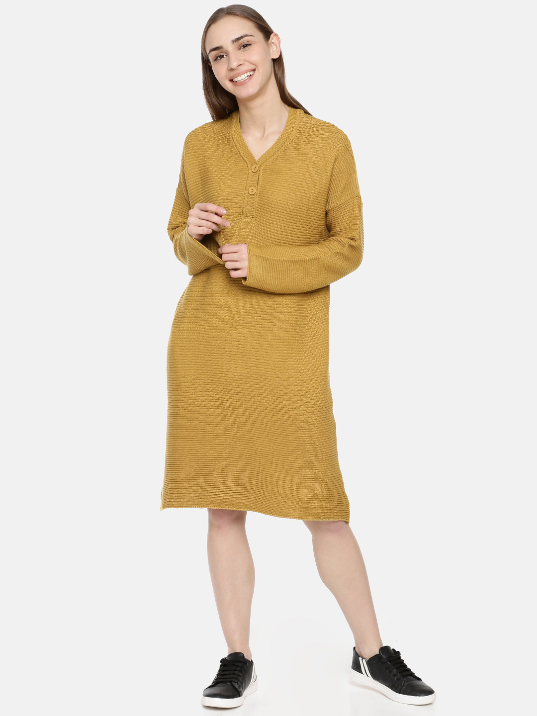 Buy American Eye Women Solid Mustard Yellow Sweater Dress Dresses for