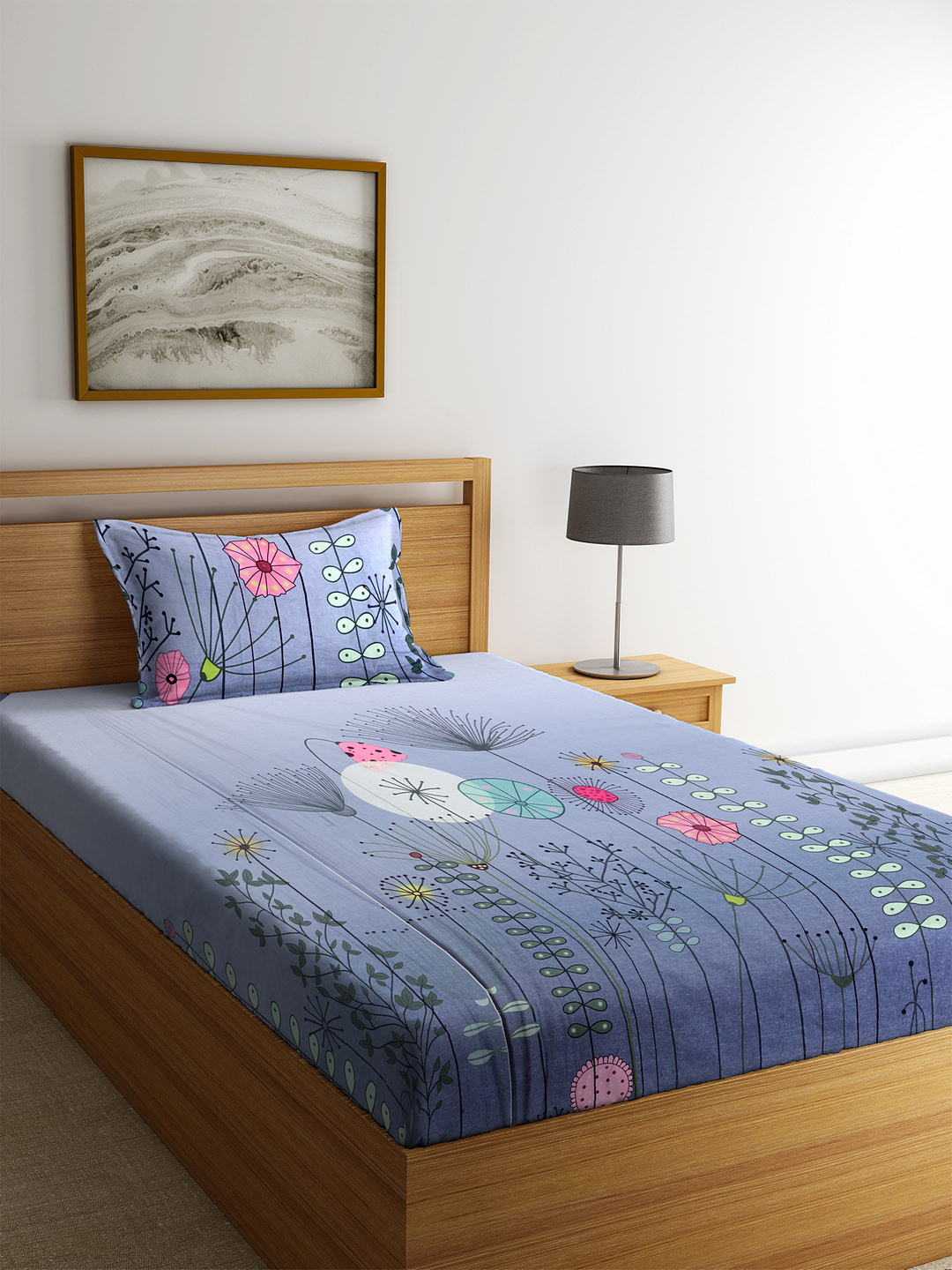 Buy SPACES Blue Floral 180 TC Cotton 1 Single Bedsheet With 1 Pillow