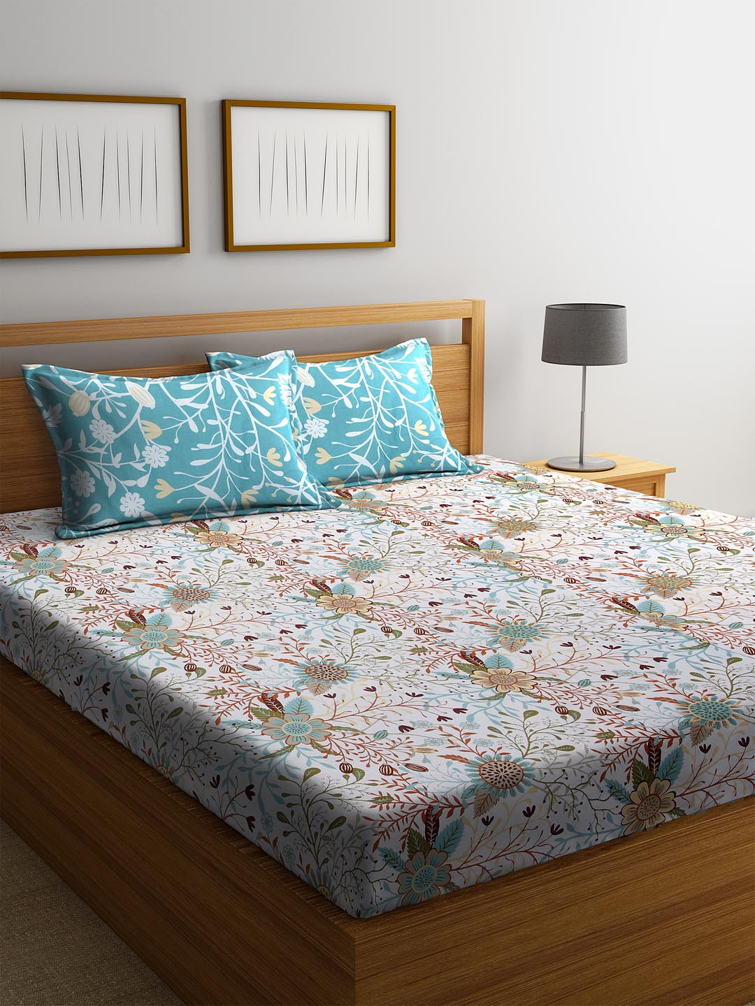Buy SPACES Multicoloured Floral 144 TC Cotton 1 King Bedsheet With 2 Pillow Covers Bedsheets