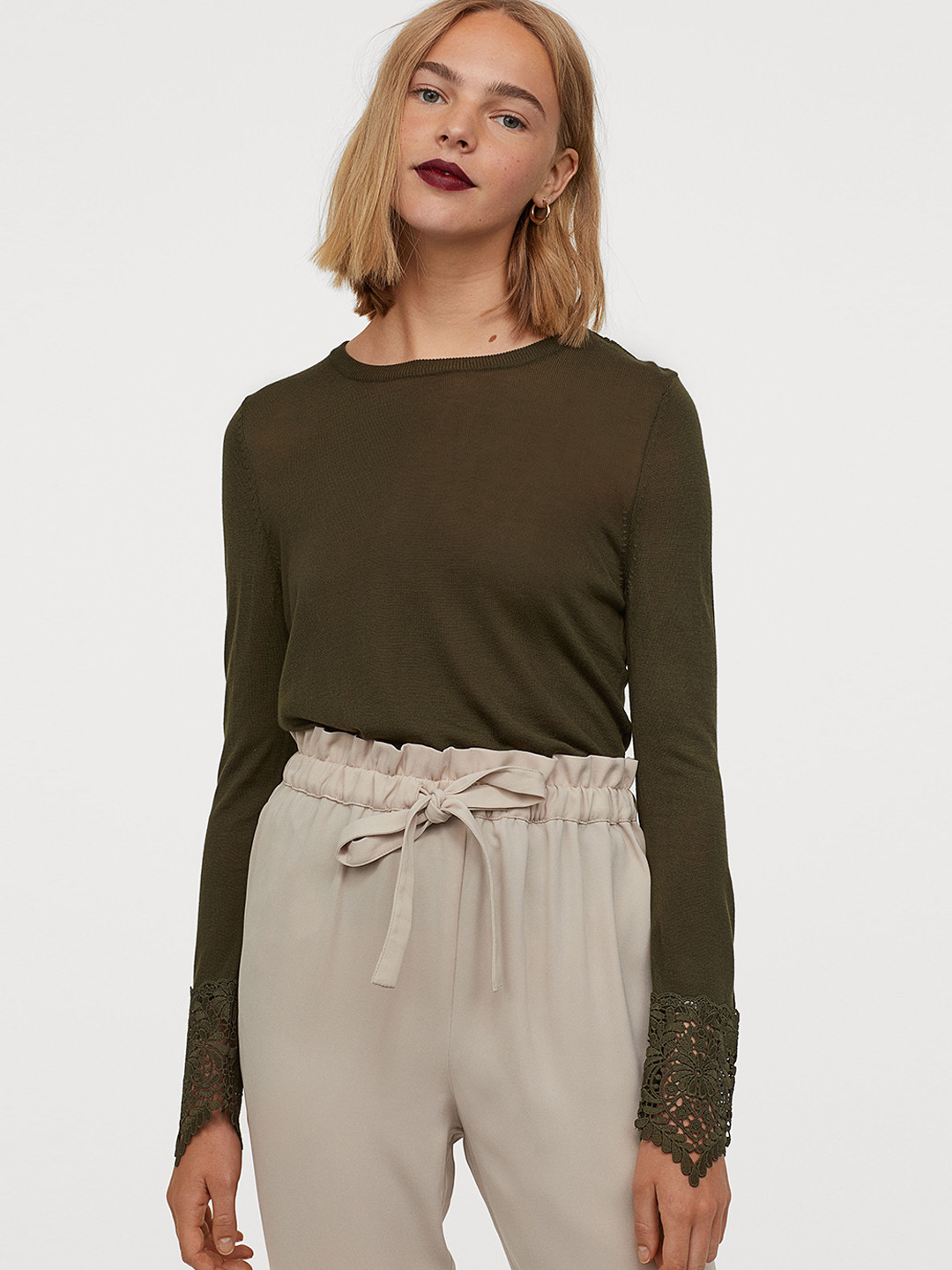 Buy H&M Women Olive Green Jumper With Lace Details Sweaters for Women