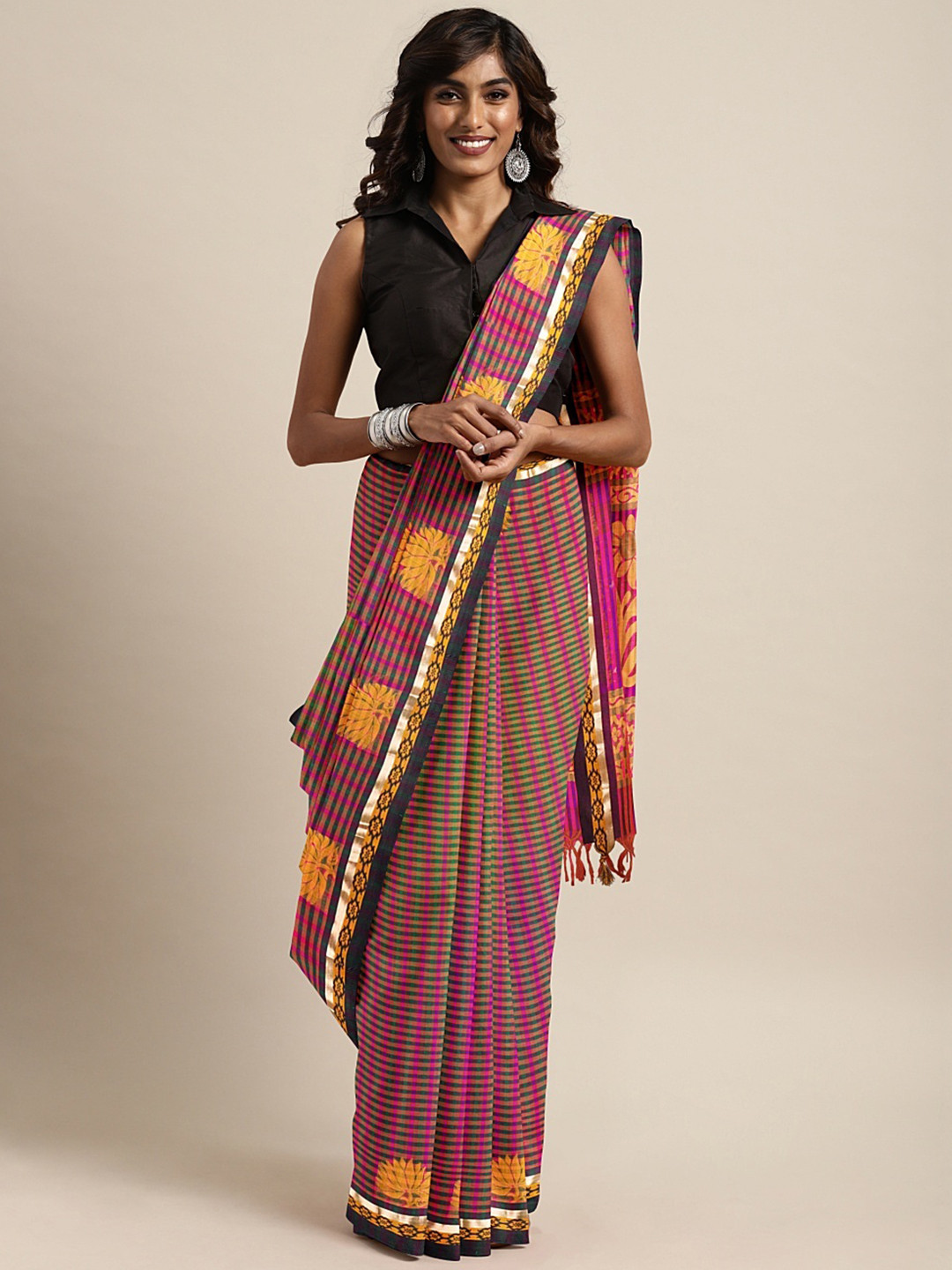 Buy The Chennai Silks Classicate Pink & Green Pure Cotton Checked Kovai