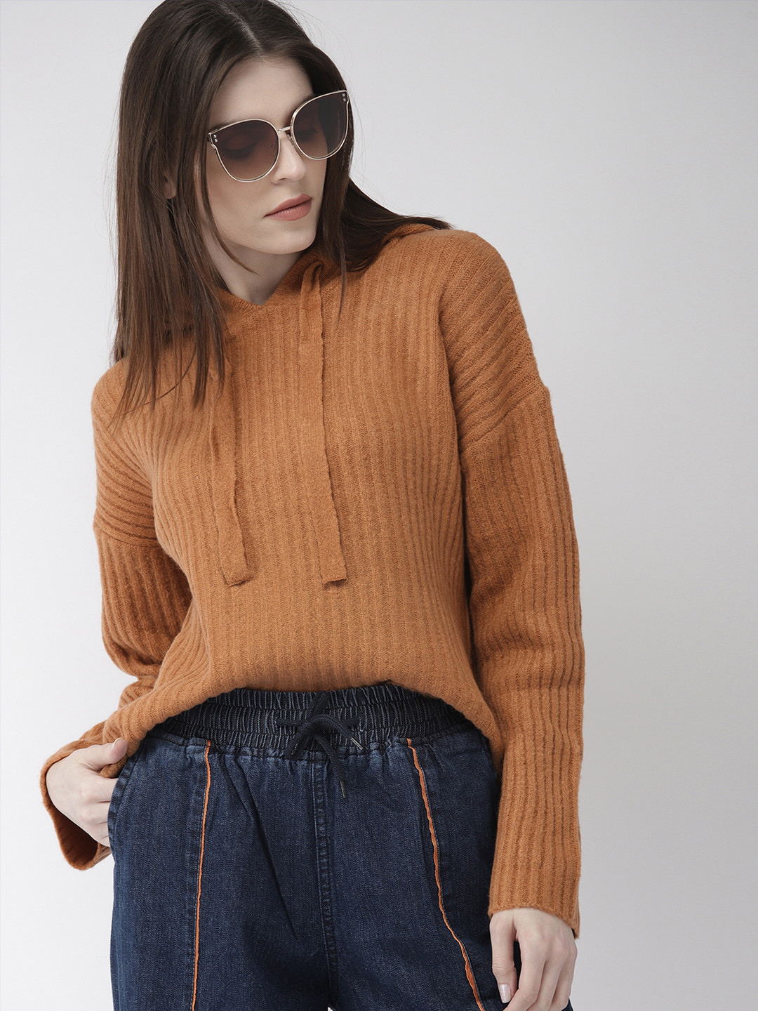 Buy FOREVER 21 Women Brown Solid Hooded Sweater Sweaters for Women