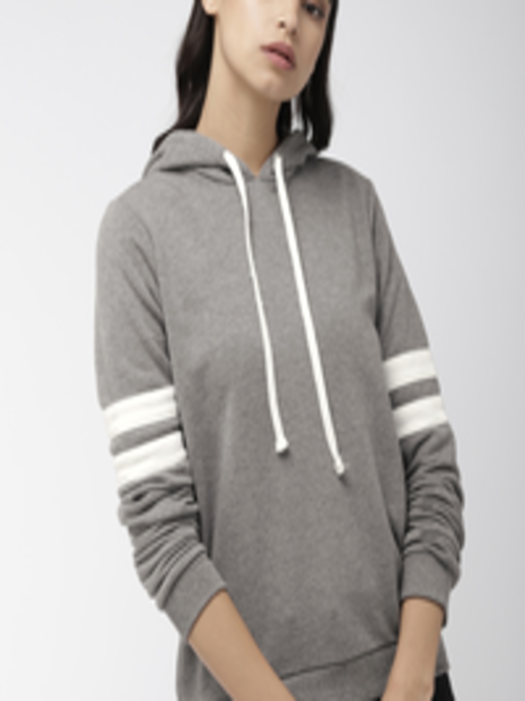 Buy FOREVER 21 Women Grey & Cream Solid Hooded Sweatshirt - Sweatshirts ...