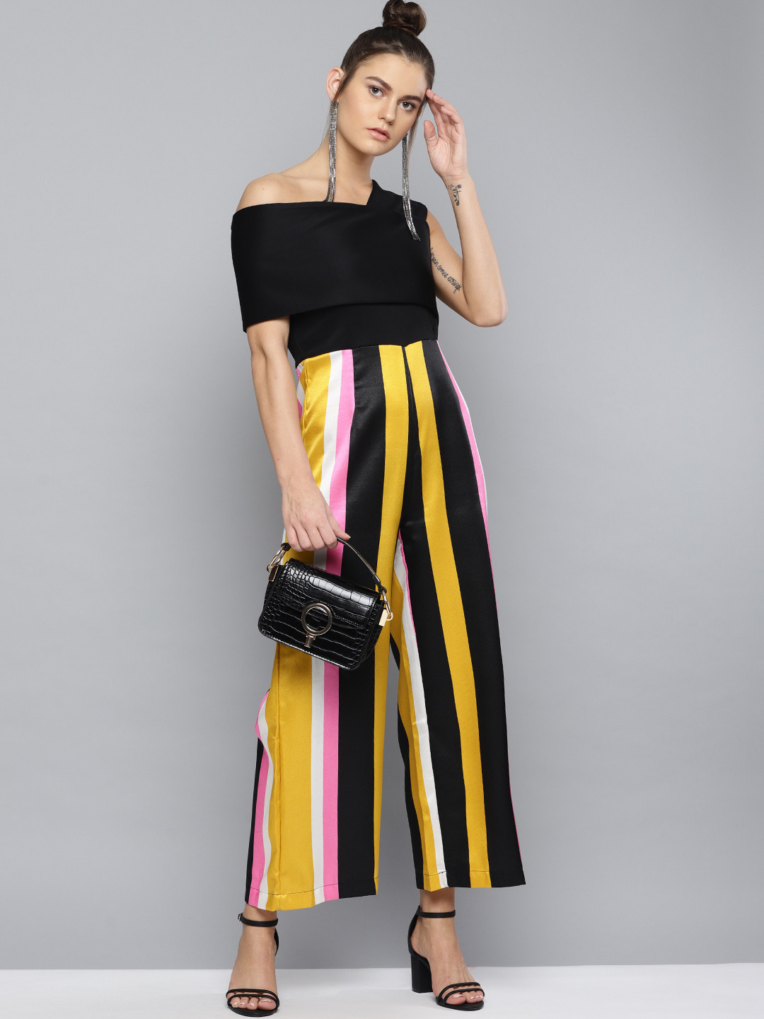 Buy RARE Women Black & Yellow Striped Basic Jumpsuit Jumpsuit for
