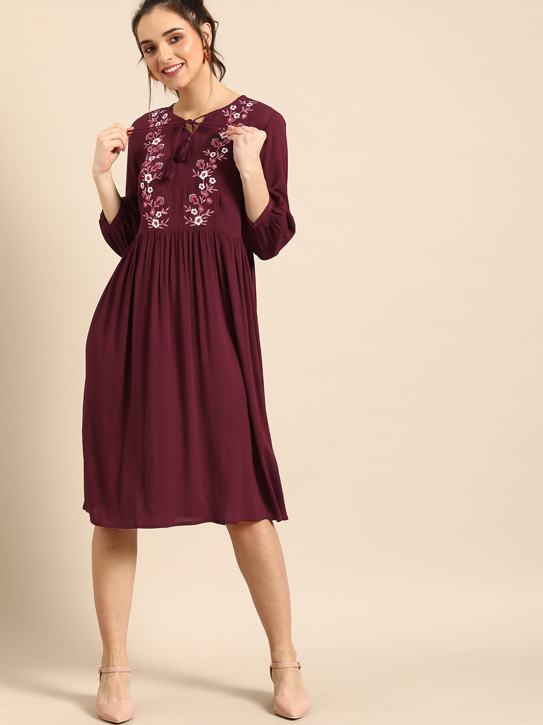 Buy DressBerry Women Burgundy Embroidered A Line Dress - Dresses for ...