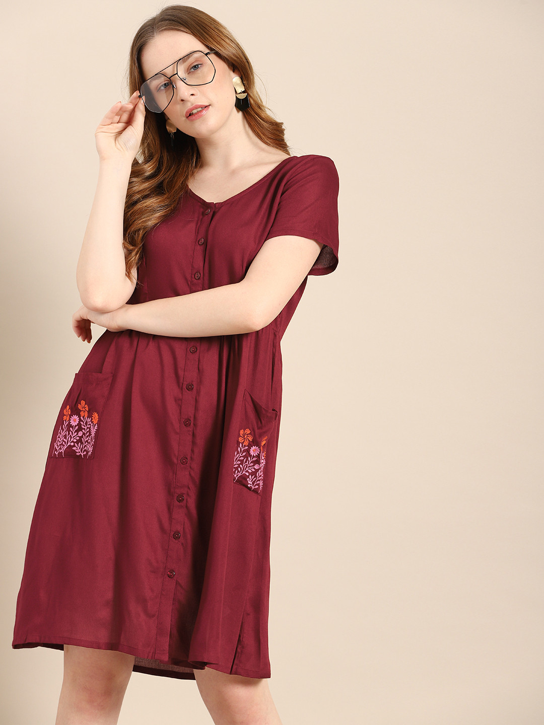 Women's Maroon Shoulder Straps Fit & Flare Dress