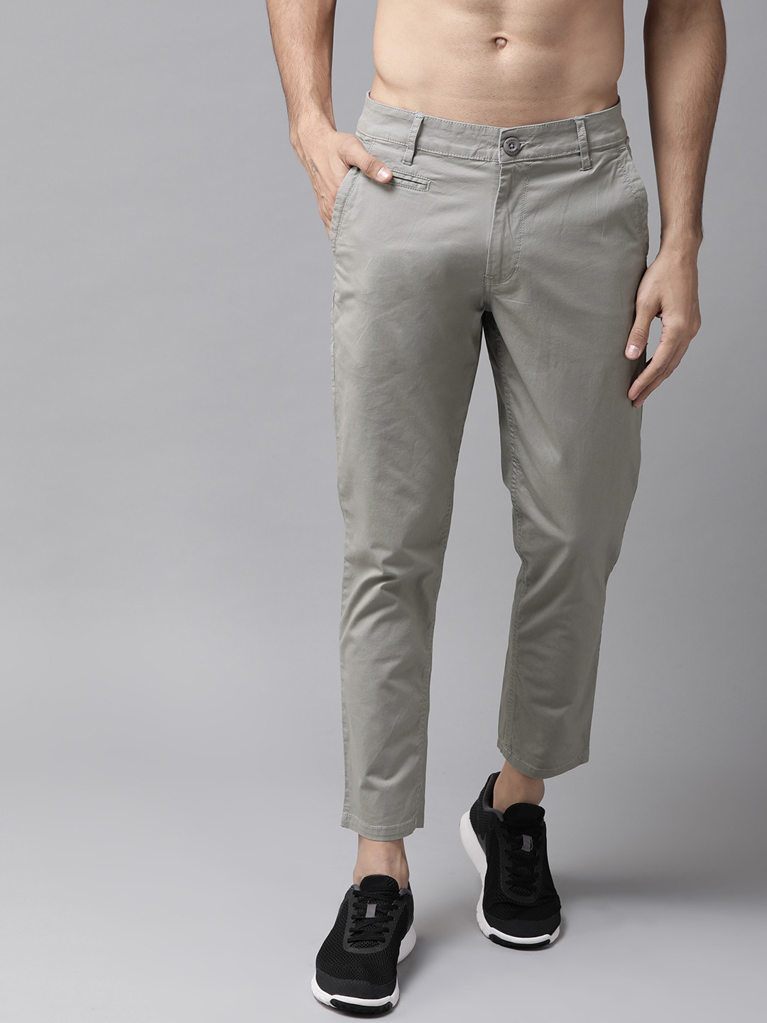 Buy The Roadster Lifestyle Co Men Grey Regular Fit Solid Chinos ...