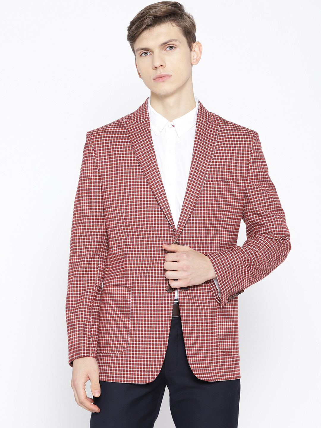 Buy SUITSMITH Men Rust Red & Off White Slim Fit Checked Smart Casual