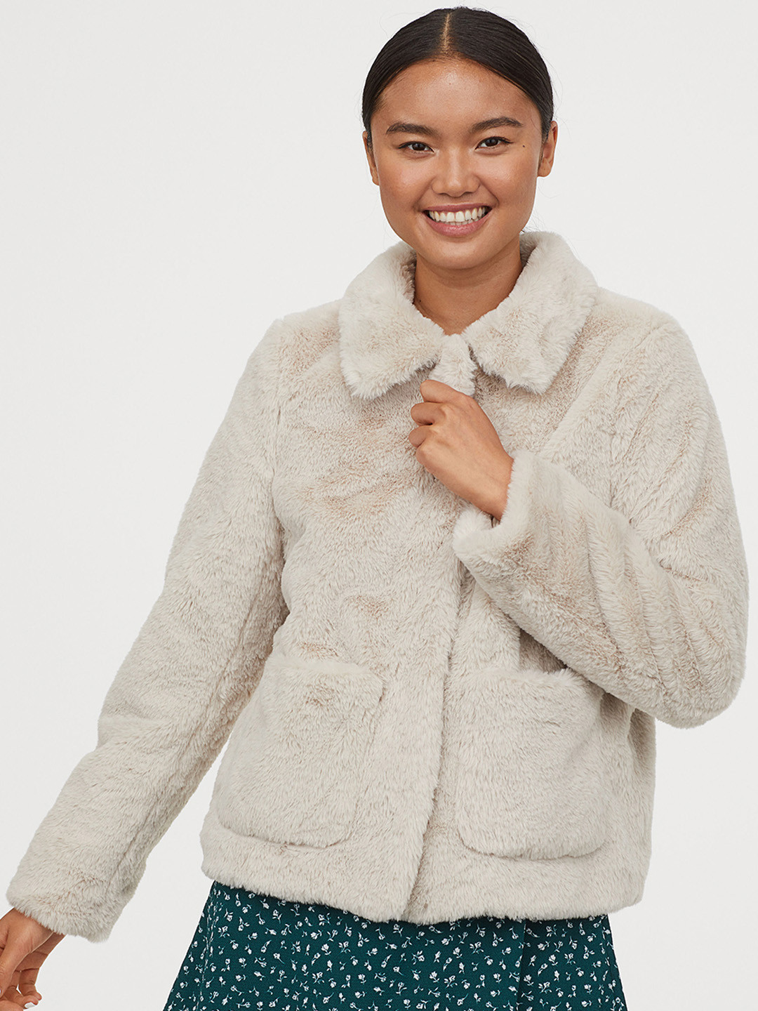Buy H&M Women Beige Solid Faux Fur Jacket Jackets for Women 10472662