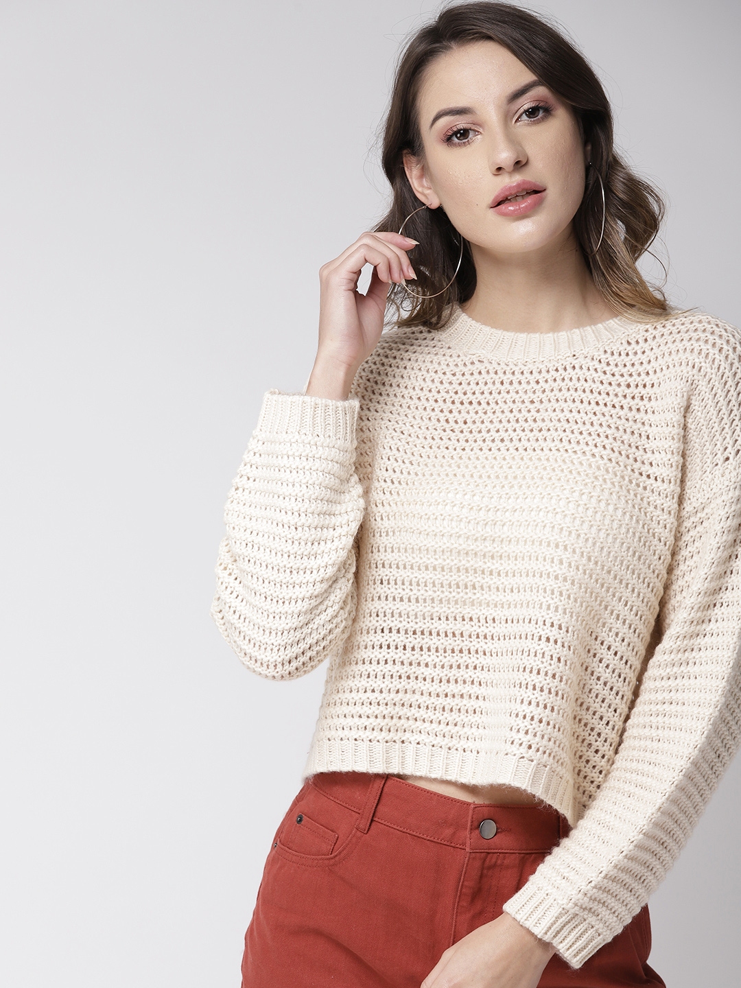 Buy FOREVER 21 Women Cream Coloured Self Design Open Knit Sweater ...