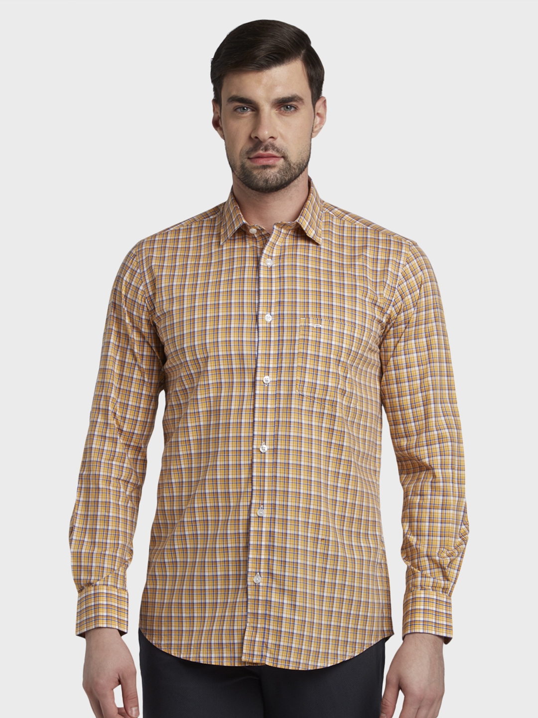 Buy ColorPlus Men Yellow & Blue Tailored Fit Checked Casual Shirt ...