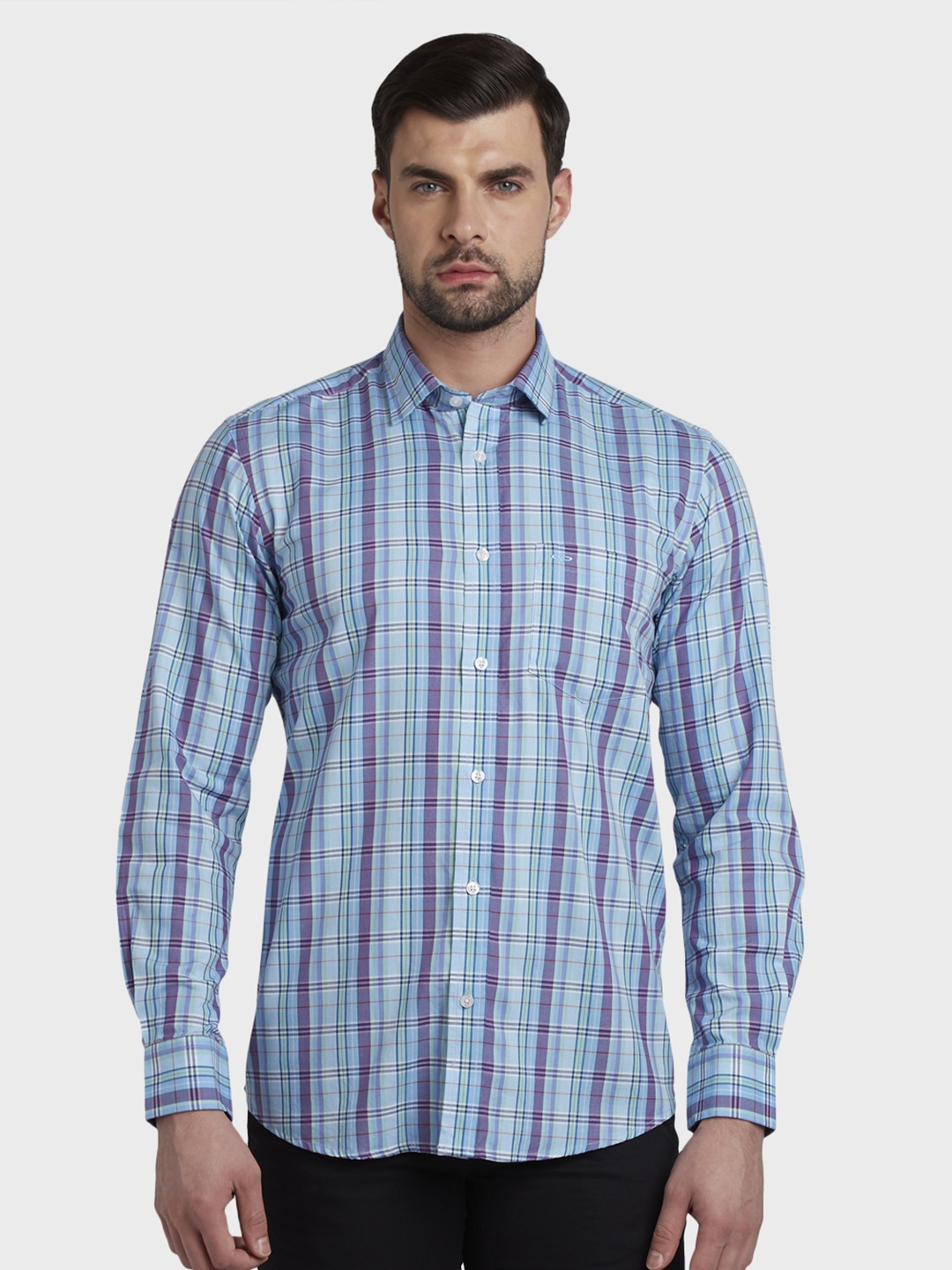 Buy ColorPlus Men Blue & Purple Tailored Fit Checked Casual Shirt ...