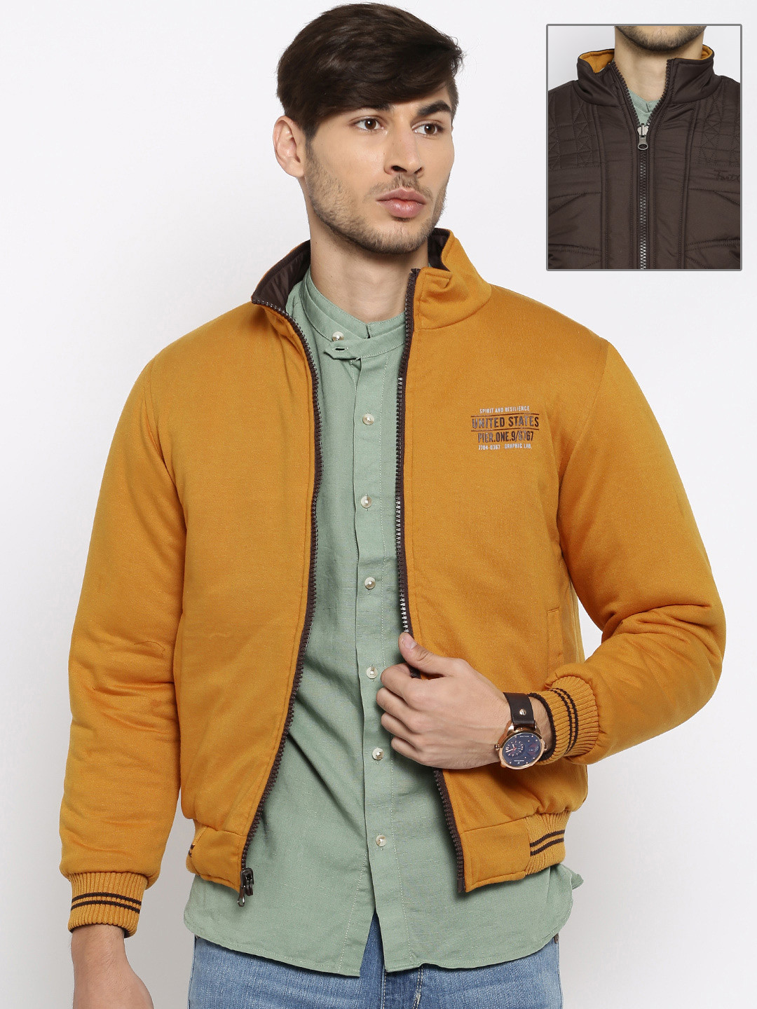 Buy Fort Collins Coffee Brown & Mustard Yellow Reversible Jacket