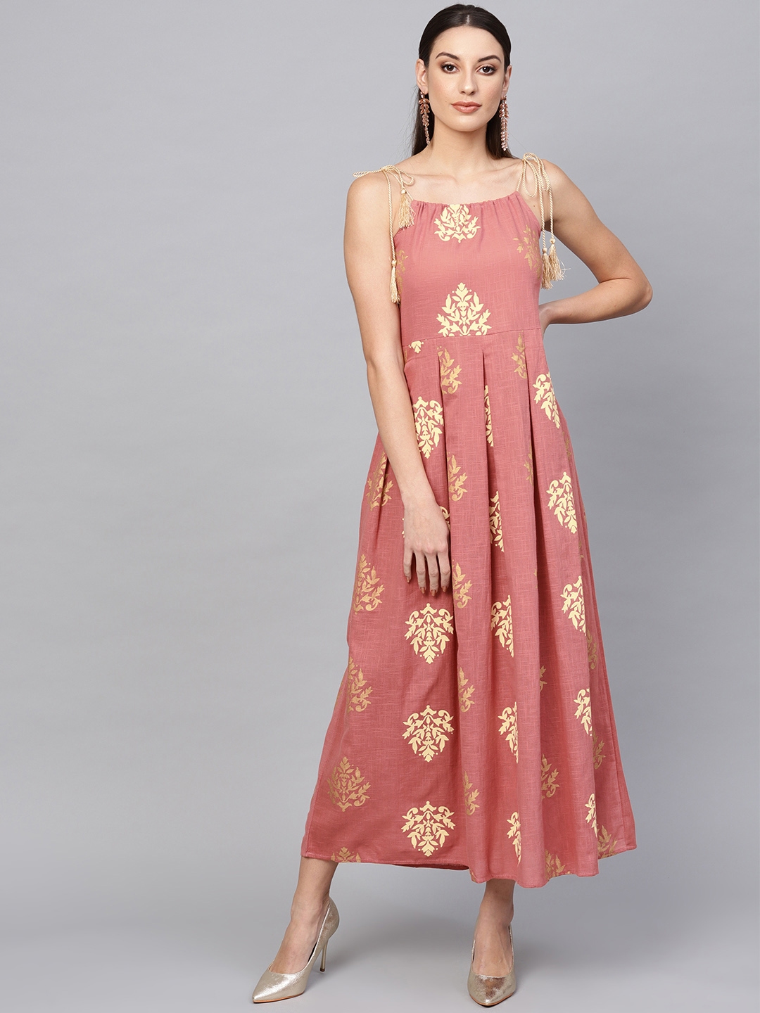Buy Aks Women Pink And Golden Printed Maxi Dress Dresses For Women