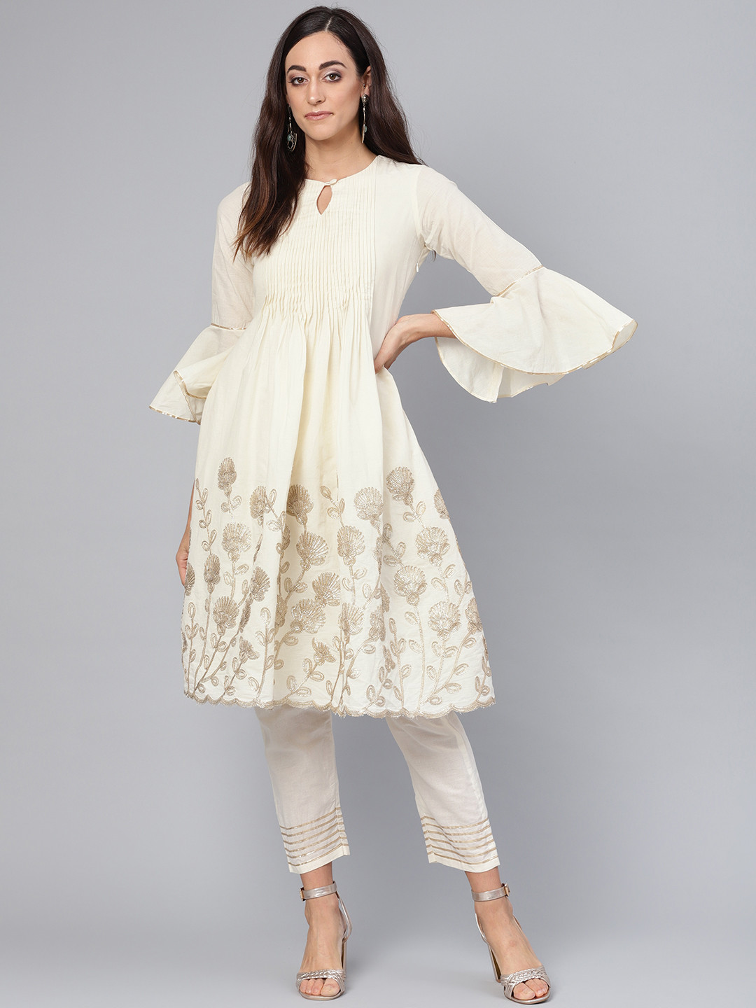 Buy Inddus Women Cream Coloured & Golden Embroidered Kurta With
