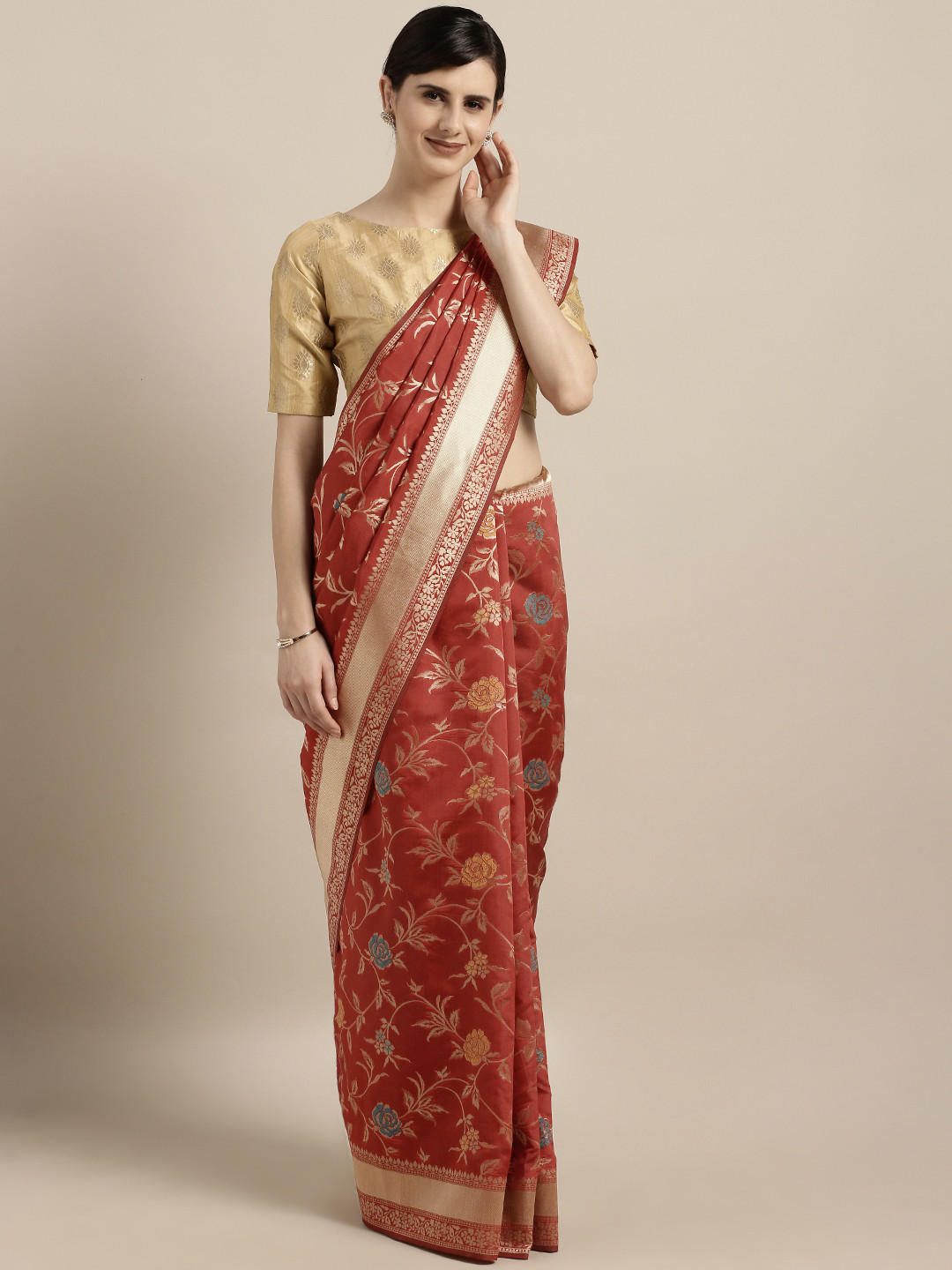 Buy Satrani Red & Gold Toned Silk Blend Woven Design Banarasi Saree - Sarees for Women 10483912 